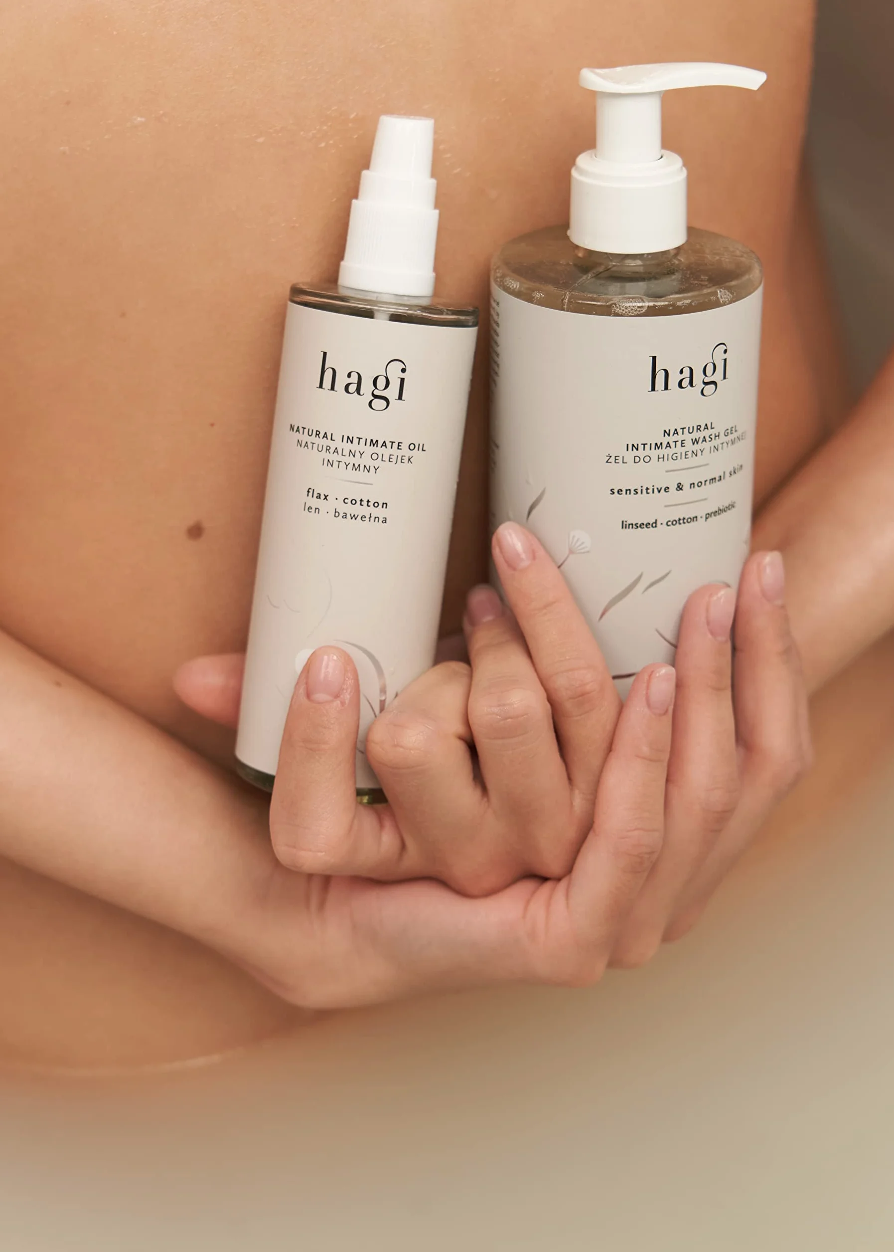Hagi Naturalny Olejek Intymny | Pielęgnacja intymna, po goleniu i depilacji | Nawilża skórę | z olejem lnianym, olejem z bawełny i olejem makadamia | Olejek do masażu | Wegański | 100 ml