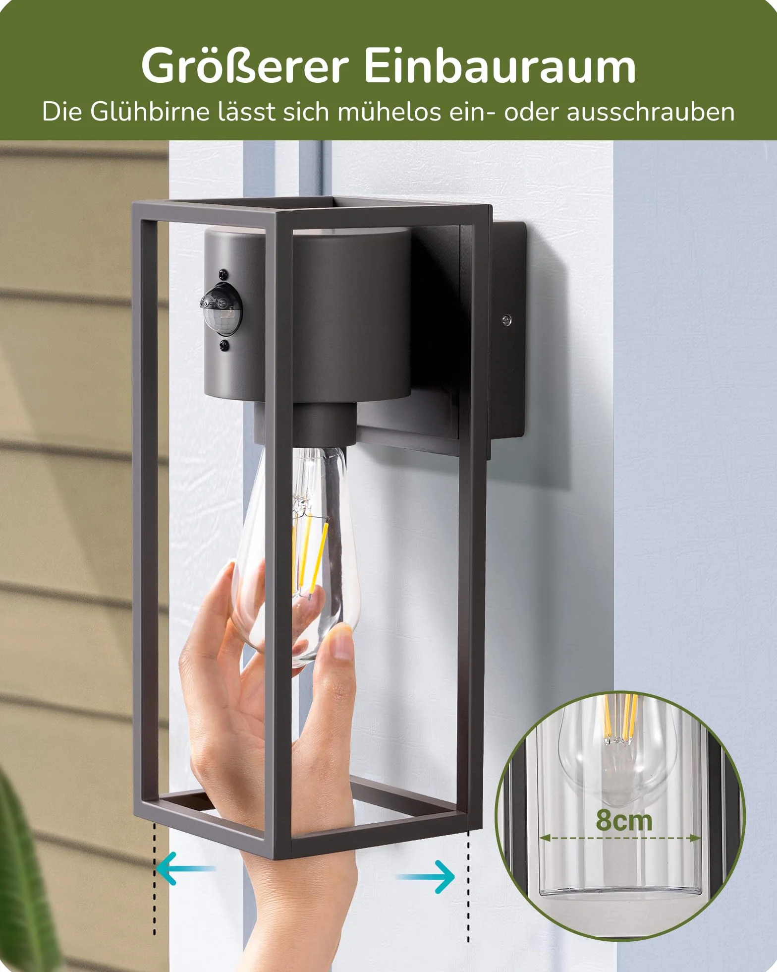 EDISHINE Zewnętrzna lampa ścienna z czujnikiem ruchu, gniazdo E27, wodoodporna IP44, lampa ścienna z aluminium i szkła hartowanego do ogrodu, na taras, fasadę, żarówki nie są dołączone, antracytowa