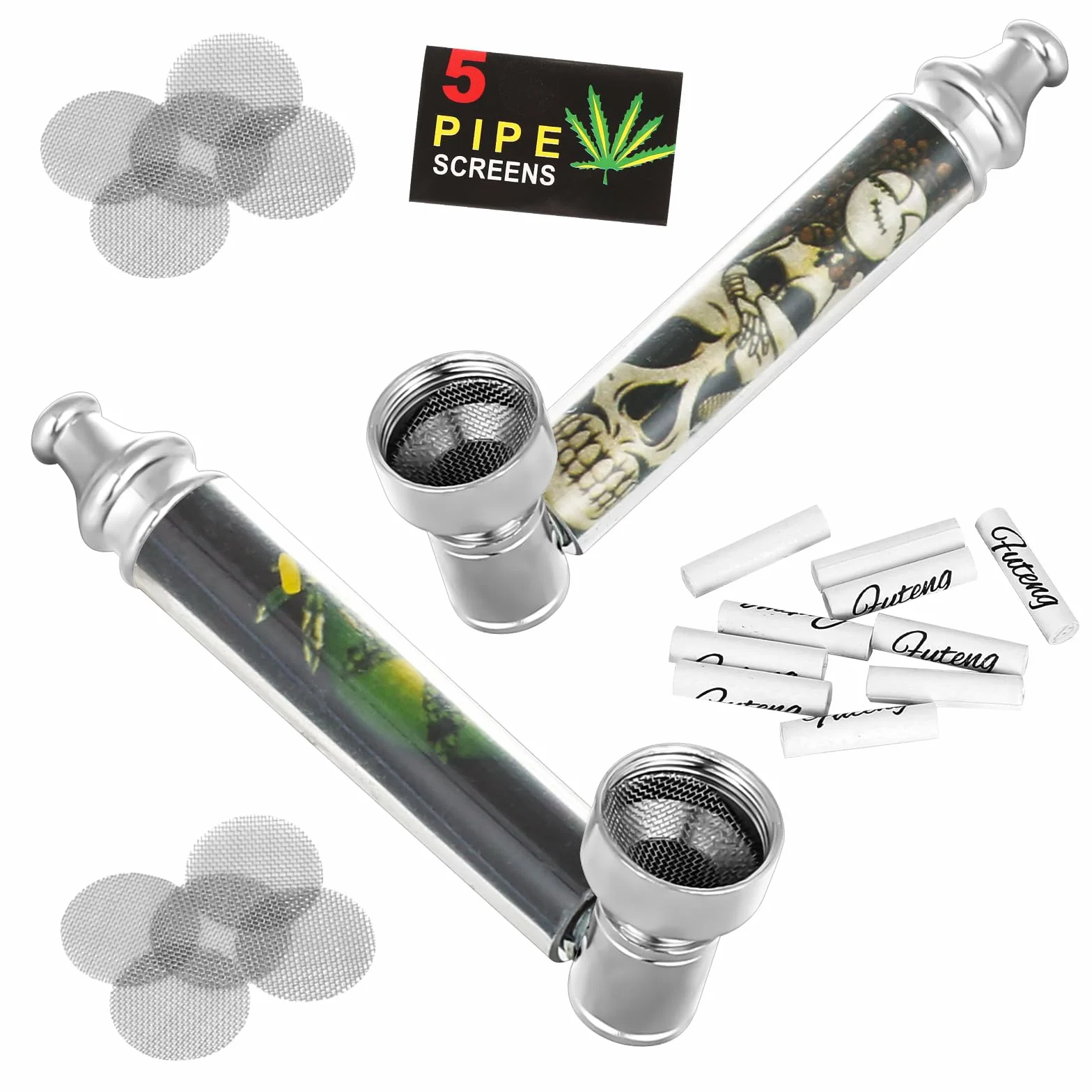 Fajka z gwizdkiem, mini uchwyt, 10 filtrów stal nierdzewna, 10 filtrów węgiel aktywny 6 mm, zestaw 2 fajek