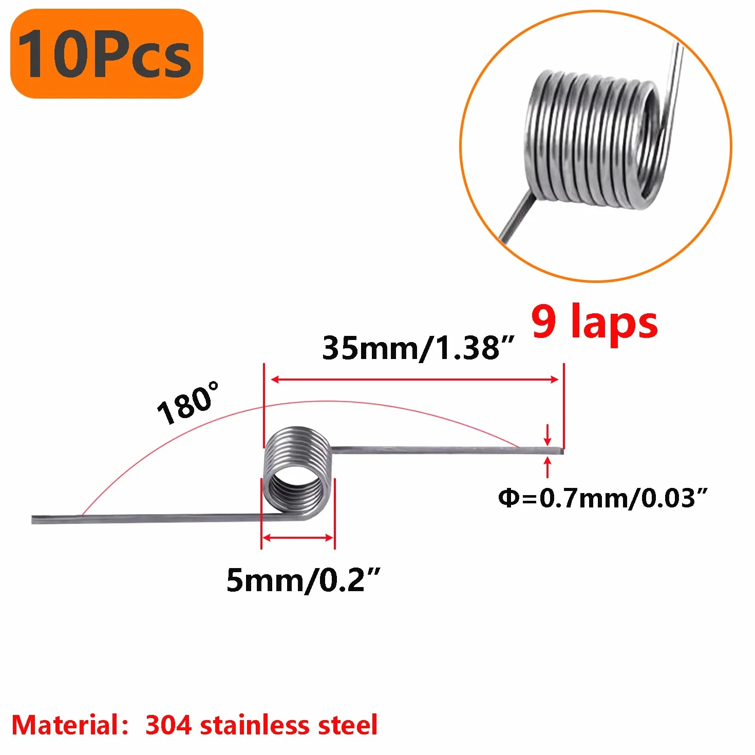 Qrity 10 sztuk Sprężyna Skrętna Ze Stali Nierdzewnej, Średnica drutu 0,7mm, 5 OD, 9 okrążenia, 180 stopni