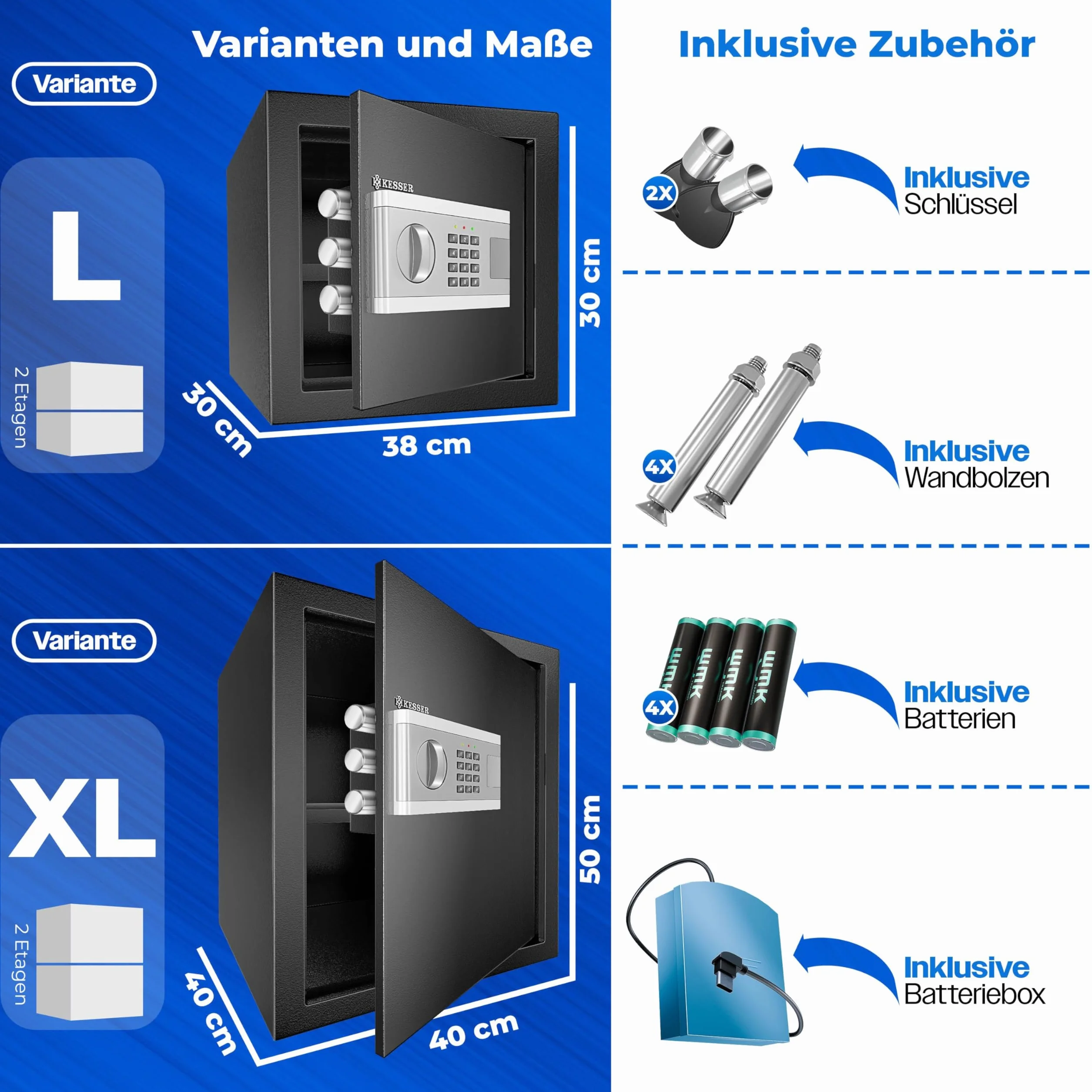 KESSER Elektroniczny sejf cienny | 31 x 20 x 20 cm | 3 x podwjna blokada bolca | owietlenie wewntrzne | szafka pancerna