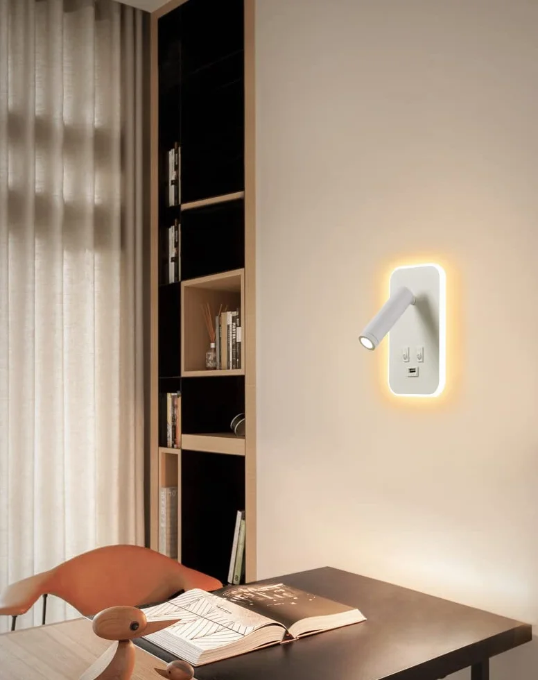 LED Kinkiet, z Przełącznikiem, z portem ładowania USB, 350°Obrotowa Lampka Nocna Nowoczesna Lampa do Czytania Lampa Ścienna Ciepłe Białe Światło 3W 3100K+9W 6000K do sypialni, nauka (Biały)