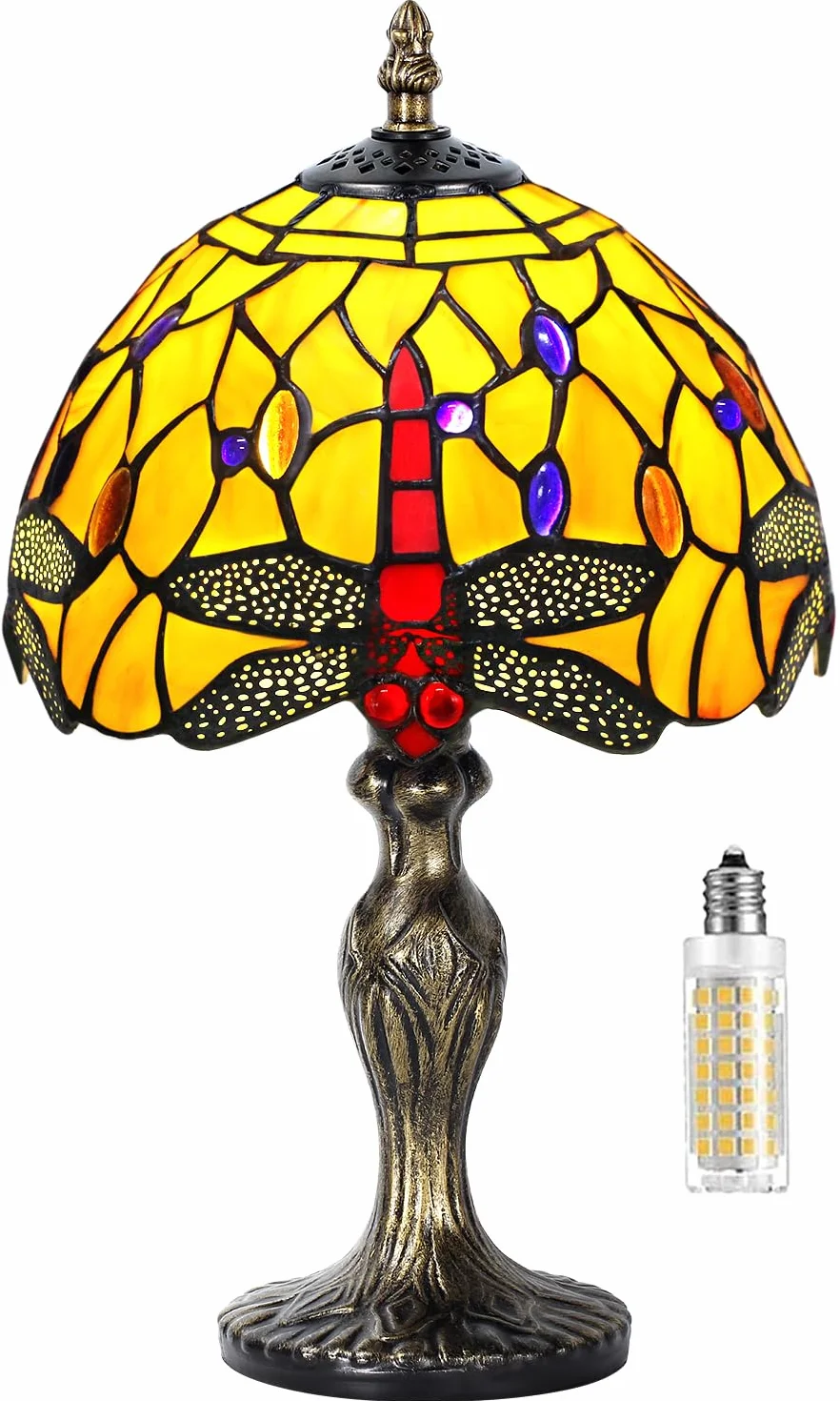 Tiffany lampa stołowa w stylu vintage, ręcznie wykonana, witrażowa, abażur, lampy stołowe, do sypialni, na stolik nocny, do gabinetu, biura (pomarańczowa libelka)