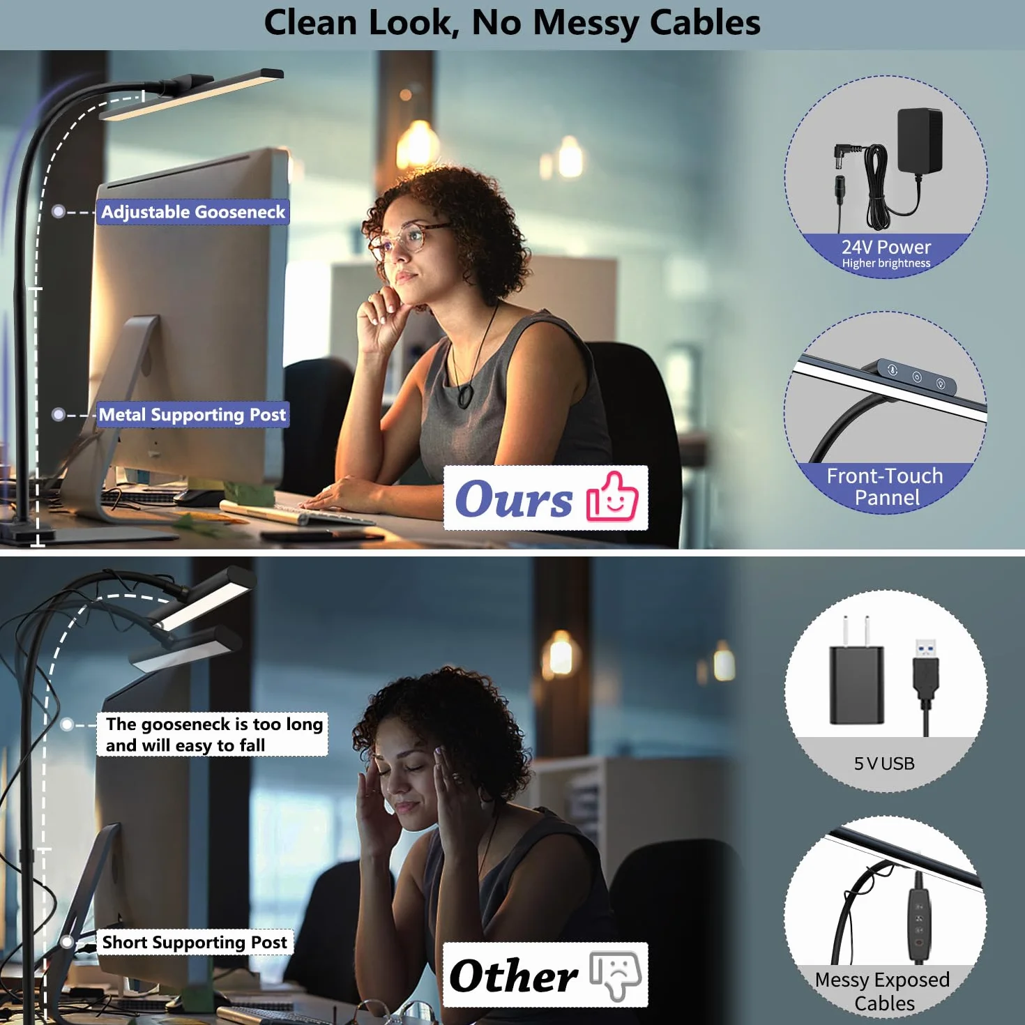 KableRika Regulowana Lampa Biurkowa Światło Dzienne bez Migotania Czarny | Ochrona oczu, LED, 4 Temperatury Barwowe + 4 Poziomy Jasności, Elastyczna Szyja Łabędzia – Do Pracy Zdalnej, Czytania, Ekranu