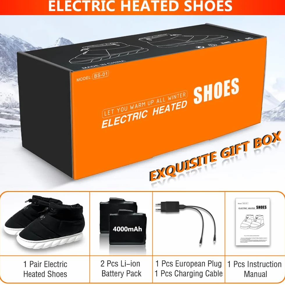 ZONSUSE Ogrzewane buty dla mężczyzn i kobiet, ogrzewane kapcie, elektryczne ogrzewacze stóp, elektryczne ciepłe buty, akumulator 3,7 V, 4000 mAh, z adapterem EU, 3 poziomy ogrzewania, na zimę, do