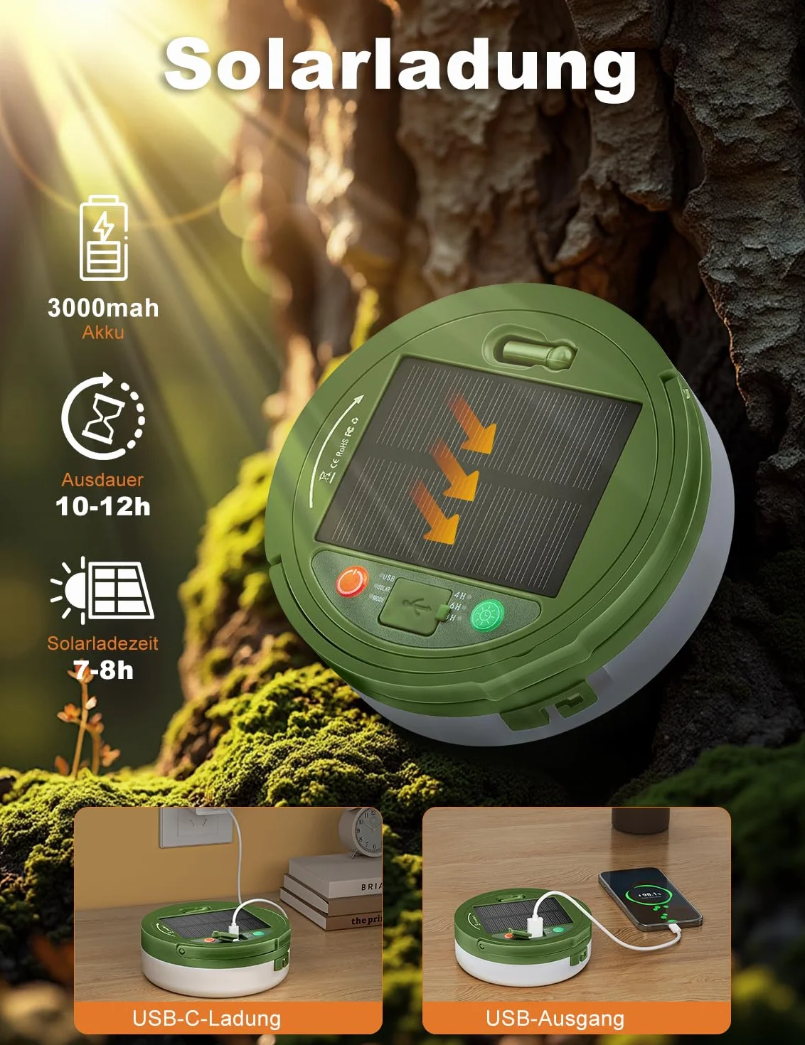 Wróżki kempingowe z wysuwaną baterią słoneczną, wodoodporne, ładowane przez USB wróżki LED o pojemności 3000 mAh z 8 trybami oświetlenia, przenośna, wszechstronna lampa kempingowa 10 M