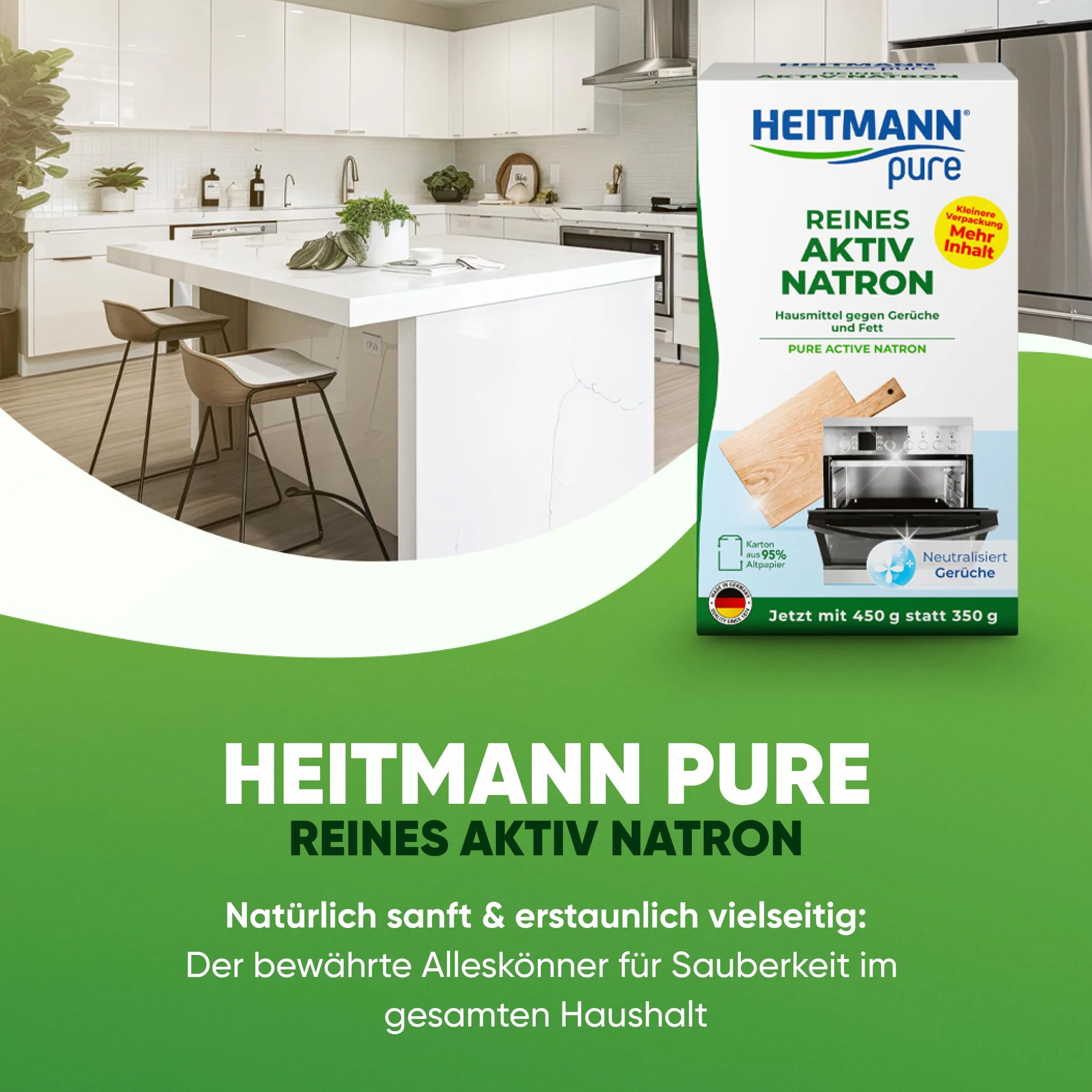 HEITMANN pure Czysta aktywna soda | niezawodnie usuwa tłuszcz, zapachy i plamy w całym gospodarstwie domowym | 450 g