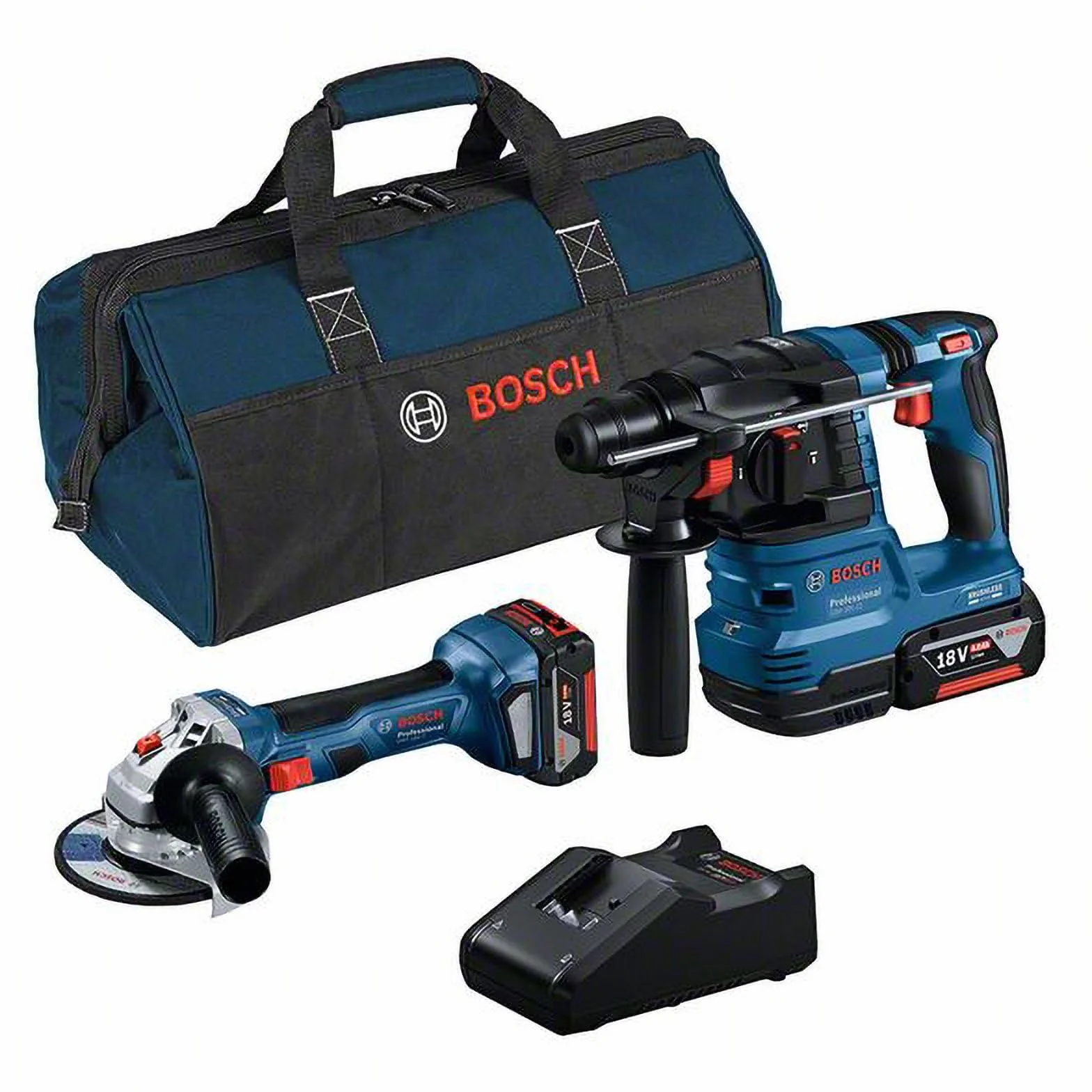 Bosch Professional system 18V: zestaw GWS 18V-7 + GBH 18V-22 (2 akumulatory GBA 18V 4.0Ah, ładowarka GAL 18V-40, torba narzędziowa)