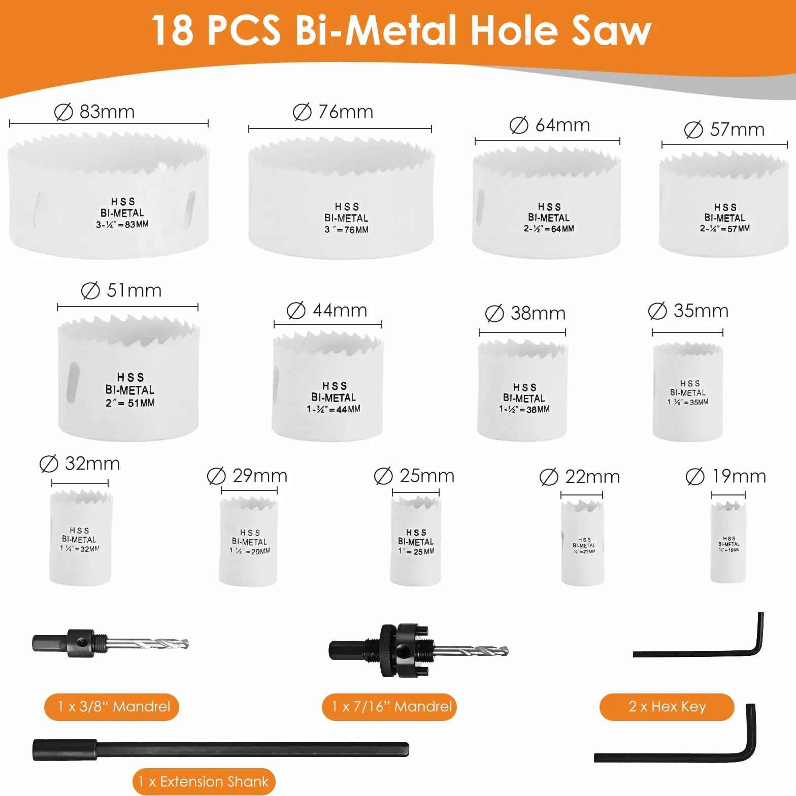 TLGREEN M42 bimetaliczny zestaw otwornic 16-częściowy, wiertło Ø 19 mm - 83 mm, wiertło do puszek i otwornica wraz z wiertłem centrującym i uchwytem, otwornica idealna do desek drewnianych, PCW, płyty