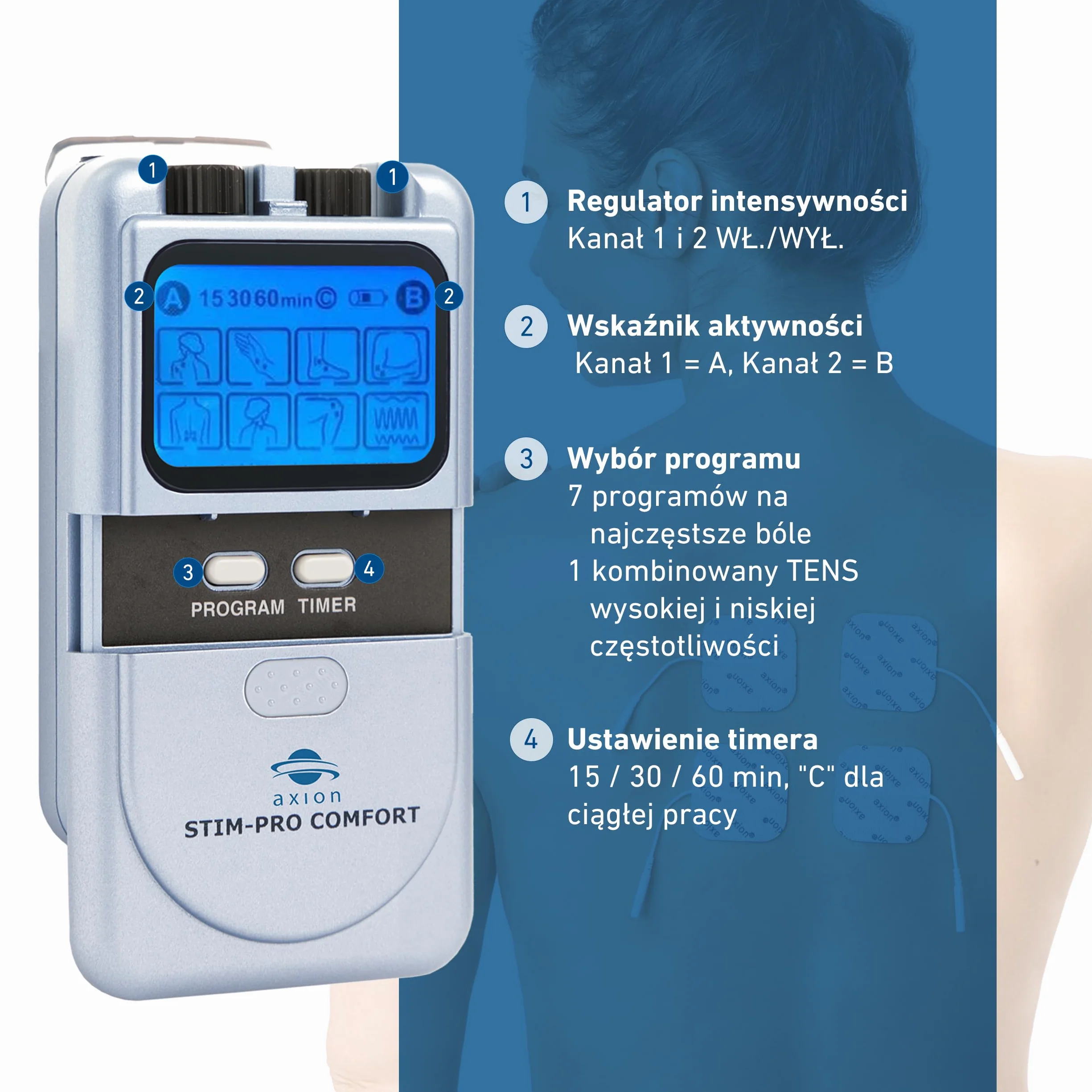 2 kanałowy elektrostymulator tens STIM-PRO Comfort z 4 elektrodami żelowymi