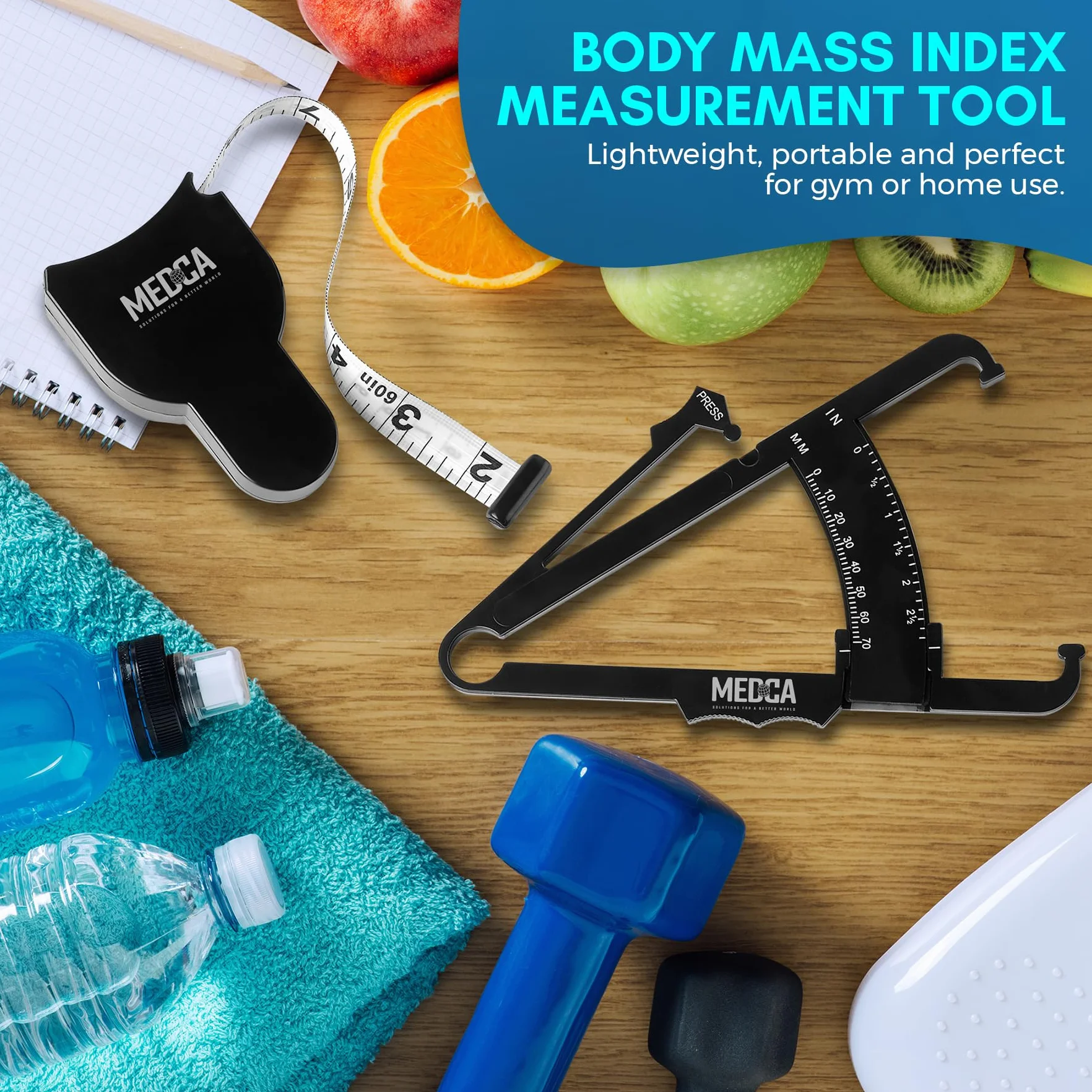 MEDca Suwmiarka do tkanki tłuszczowej i taśma pomiarowa Fold Fitness do dokładnego BMI skóry i utraty wagi