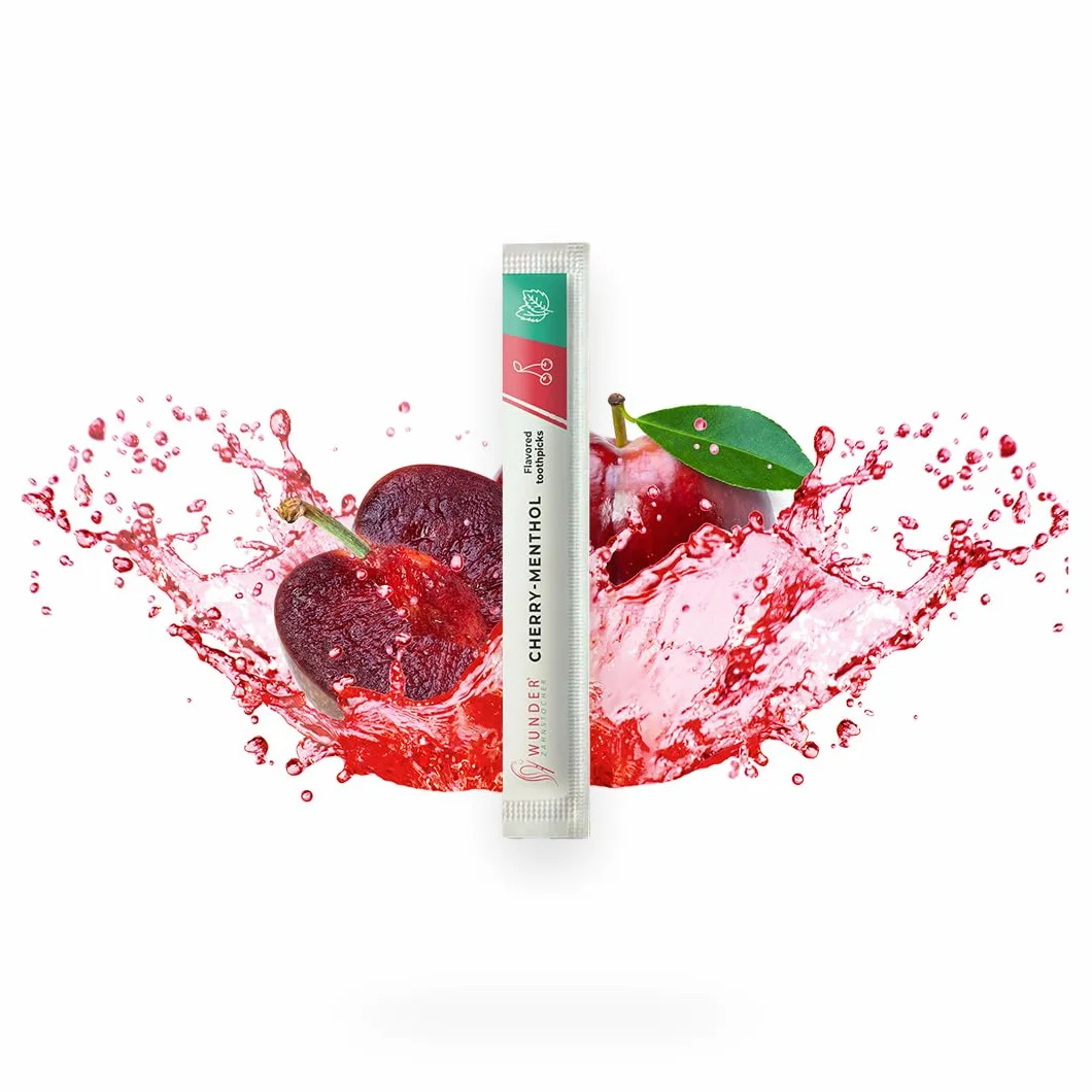 Wunder Wykałaczki o aromacie - 100x indywidualnie zapakowane wykałaczki - dostępne w 7 orzeźwiających smakach - delikatna higiena jamy ustnej - świeży oddech - indywidualnie zapakowane wykałaczki o aromacie (Wiśnia - Mentol)
