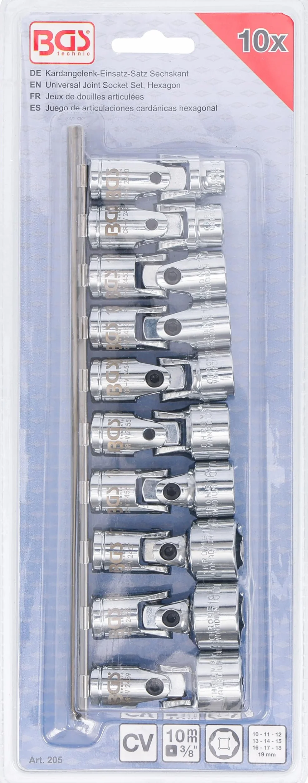 BGS 205 | Nasadka sześciokątna do przegubu Cardana | 10 mm (3/8") | 10 - 19 mm | 10 szt.