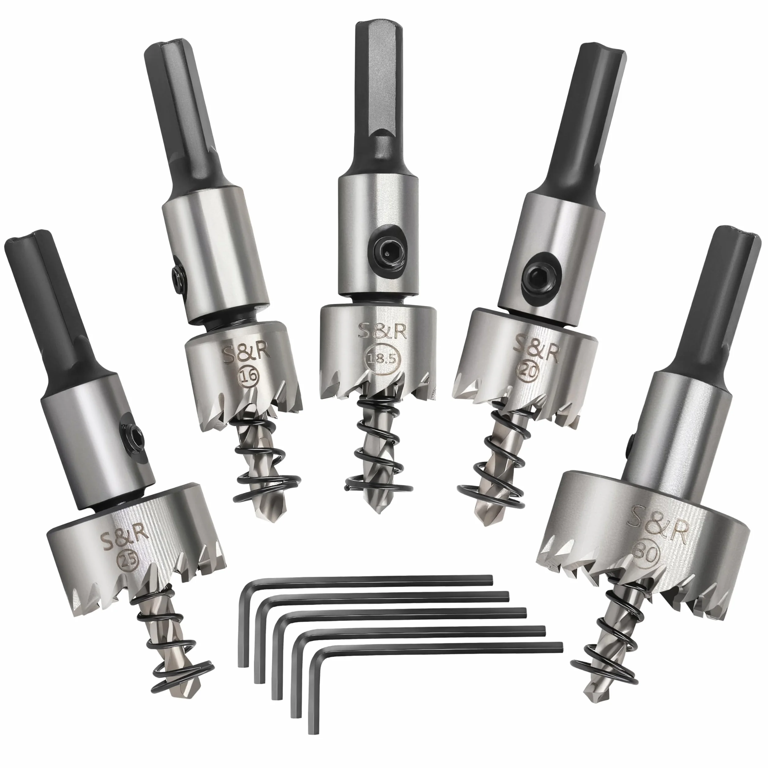 S&R 5-częściowy zestaw otwornic 16/18,5/20/25/30 mm, stal HSS COBALT, 5% stop kobaltowy, M35, HRC 64-66, uzębienie combo, zestaw otwornic do metali, stali, stali nierdzewnej, aluminium, tworzyw