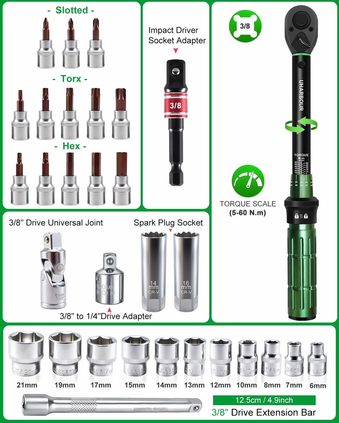 Uharbour Klucze dynamometryczne 3/8", 5-60 Nm, 31-częściowy zestaw kluczy dynamometrycznych do motocykla, dokładność błędu ±3%, z przedłużeniami, nasadkami nasadowymi i adapterem, 72-zębowa grzechotka