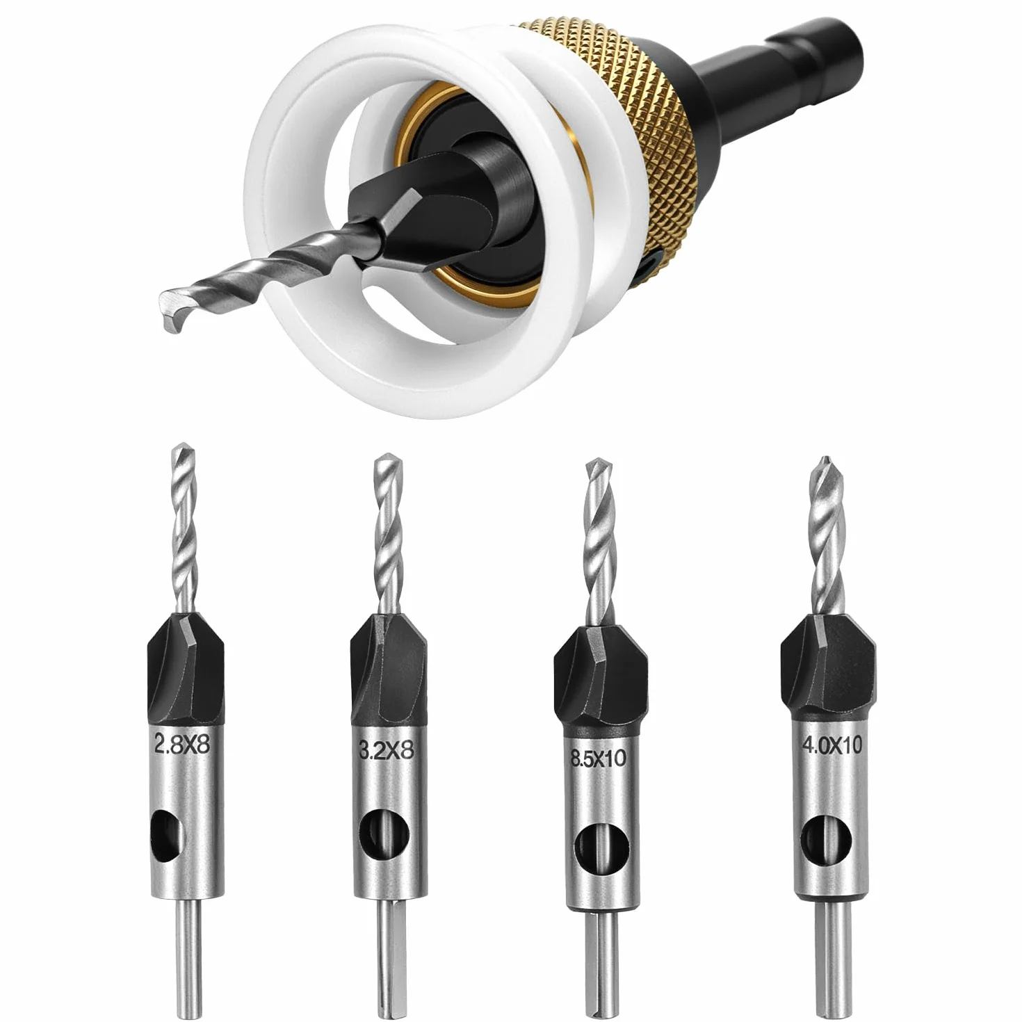 QWORK® 6-częściowy zestaw wierteł z ogranicznikiem głębokości, Ø 2,8/3,2/3,5/4 mm x 8 mm, HSS-M2, wiertła do drewna do precyzyjnych otworów wpuszczanych, chwyt sześciokątny 1/4"