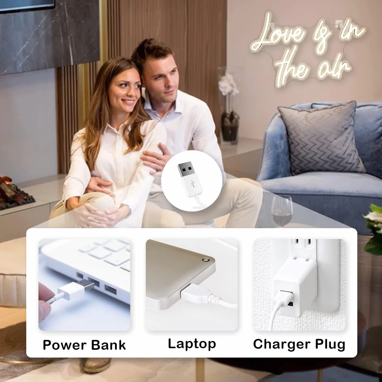 Looklight Neonowy znak "Love is in The Air", ciepła biel, LED, do dekoracji ścian, zasilany przez USB, litera, neonowa lampa, do sypialni, domu, baru, zaręczyn, na ślub, urodziny, przyjęcie, prezent