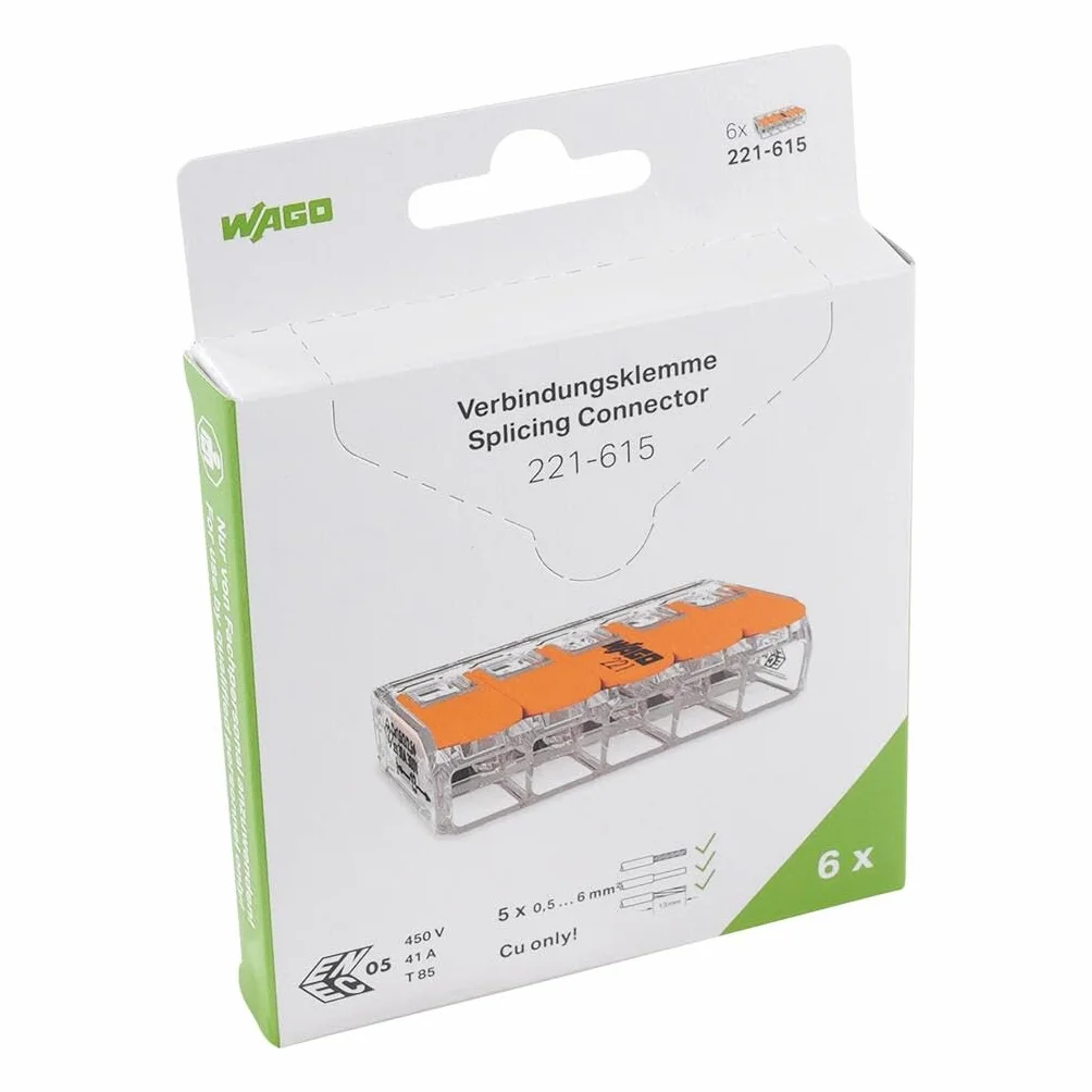 WAGO 221-615 221 Zacisk łączący elastyczny: 0,5-6 mm² sztywny: 0,5-6 mm² Liczba biegunów (num): 5 6 szt. Trans