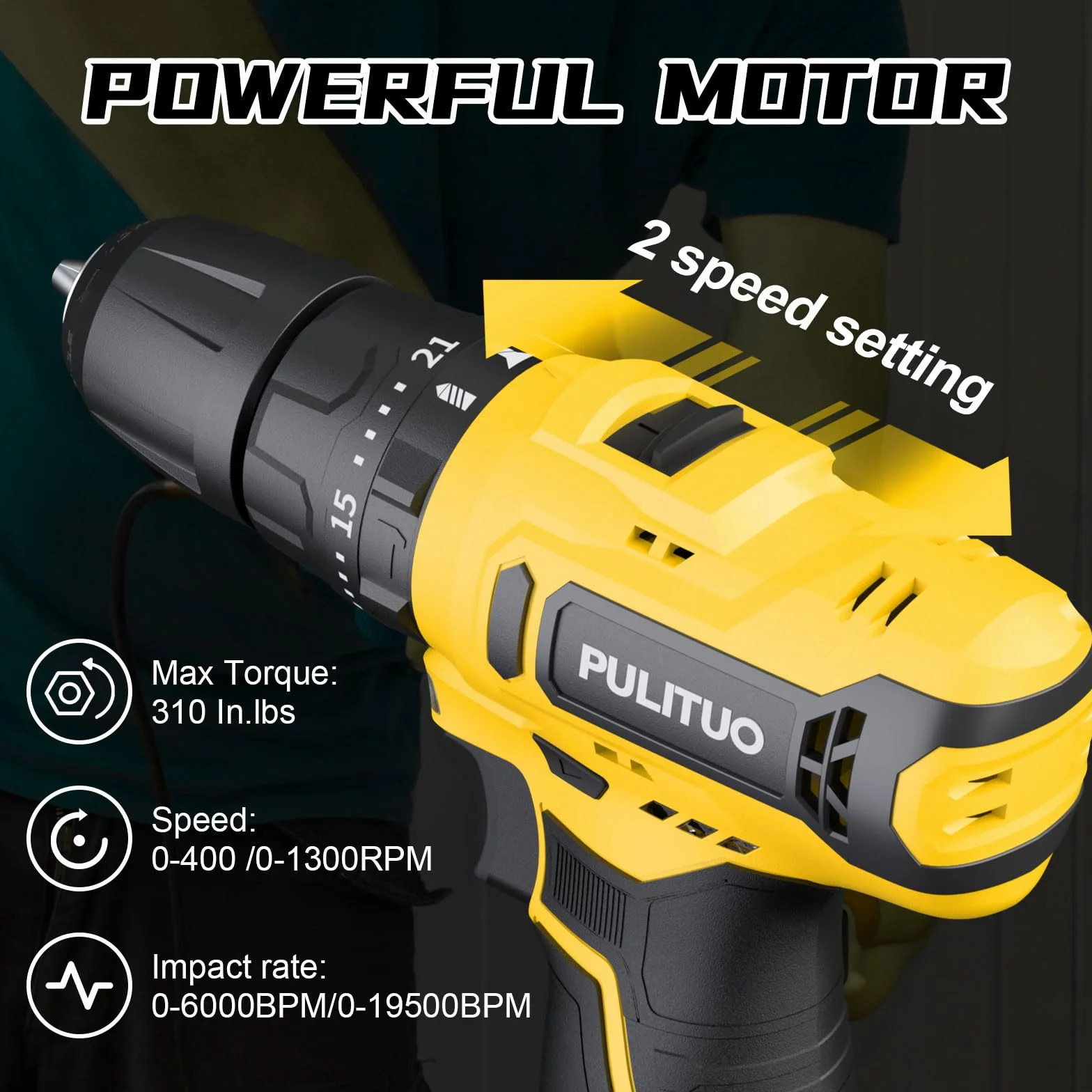 PULITUO akumulatorowa wiertarka udarowa 12 V, zestaw wkrętarek akumulatorowych z metalowym uchwytem 3/20.3 cm, 21 + 1 + 1 poziom momentu obrotowego, bateria 1500 mAh ze światłem LED, maksymalny moment