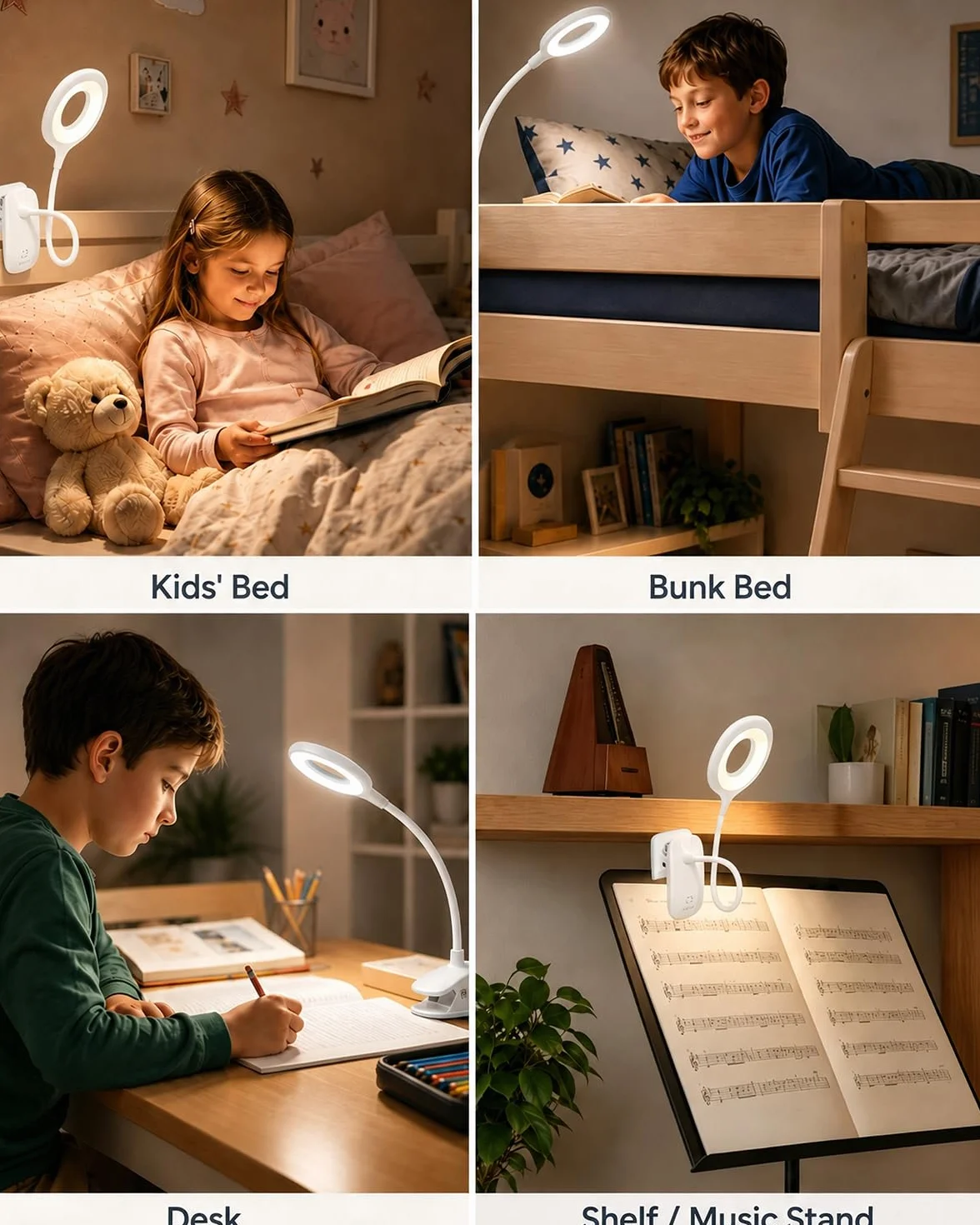 Lampka Zaciskowa LED do Czytania z Klipsem USB, 3 Kolory Światła, Dotykowe Ściemnianie, Elastyczne Ramię, Biała