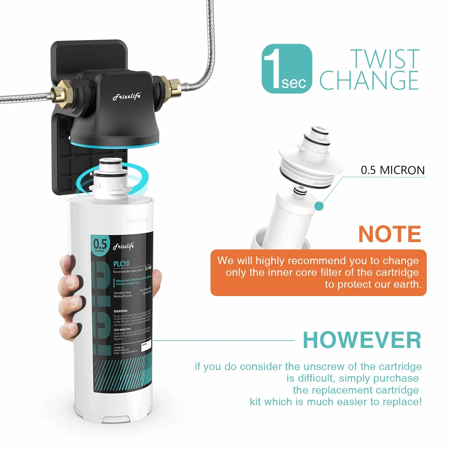 Frizzlife SW10-HF zestaw zamiennej obudowy z wkładem filtrującym PLC10 wewnątrz - do systemów filtrów wody pod zlewem SW10 i SW10F