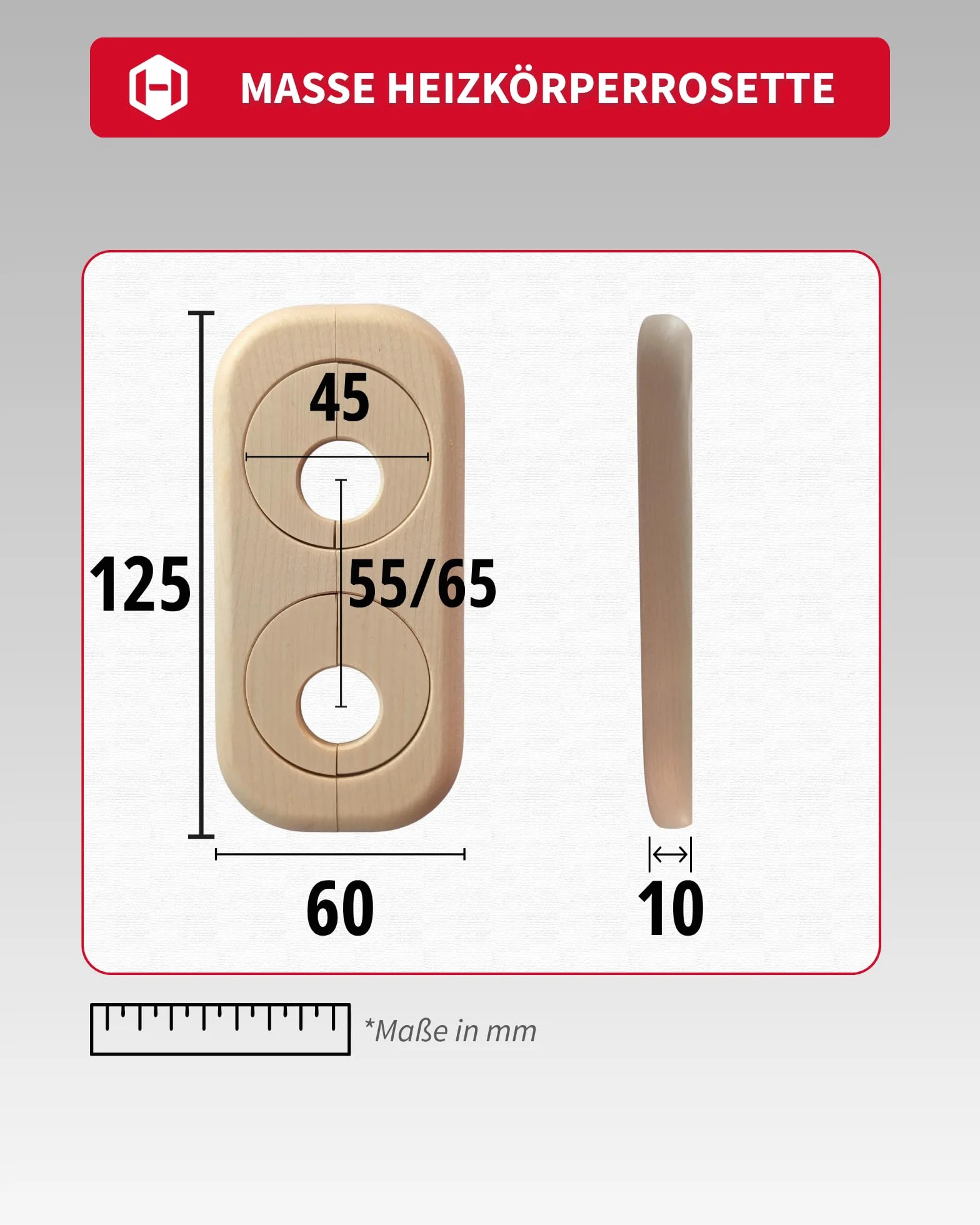 Gedotec Grzejnik podwójna rozeta dąb – otwór 19 mm – zmienny odstęp między rurami 41–66 mm – 122 x 58 mm – drewno lakierowane – pokrywa rury, rozeta grzewcza – Made in Austria (dąb 19 mm)