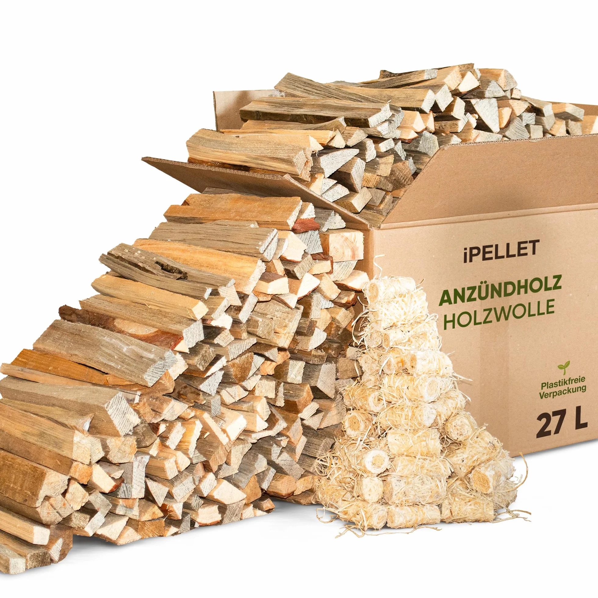 Podpałka z drewna sosnowego, pojemnik 27 l (ok. 7 kg) z podpałką z wełny drzewnej | produkt naturalny, podpałka do kominka do pieca, grilla i paleniska