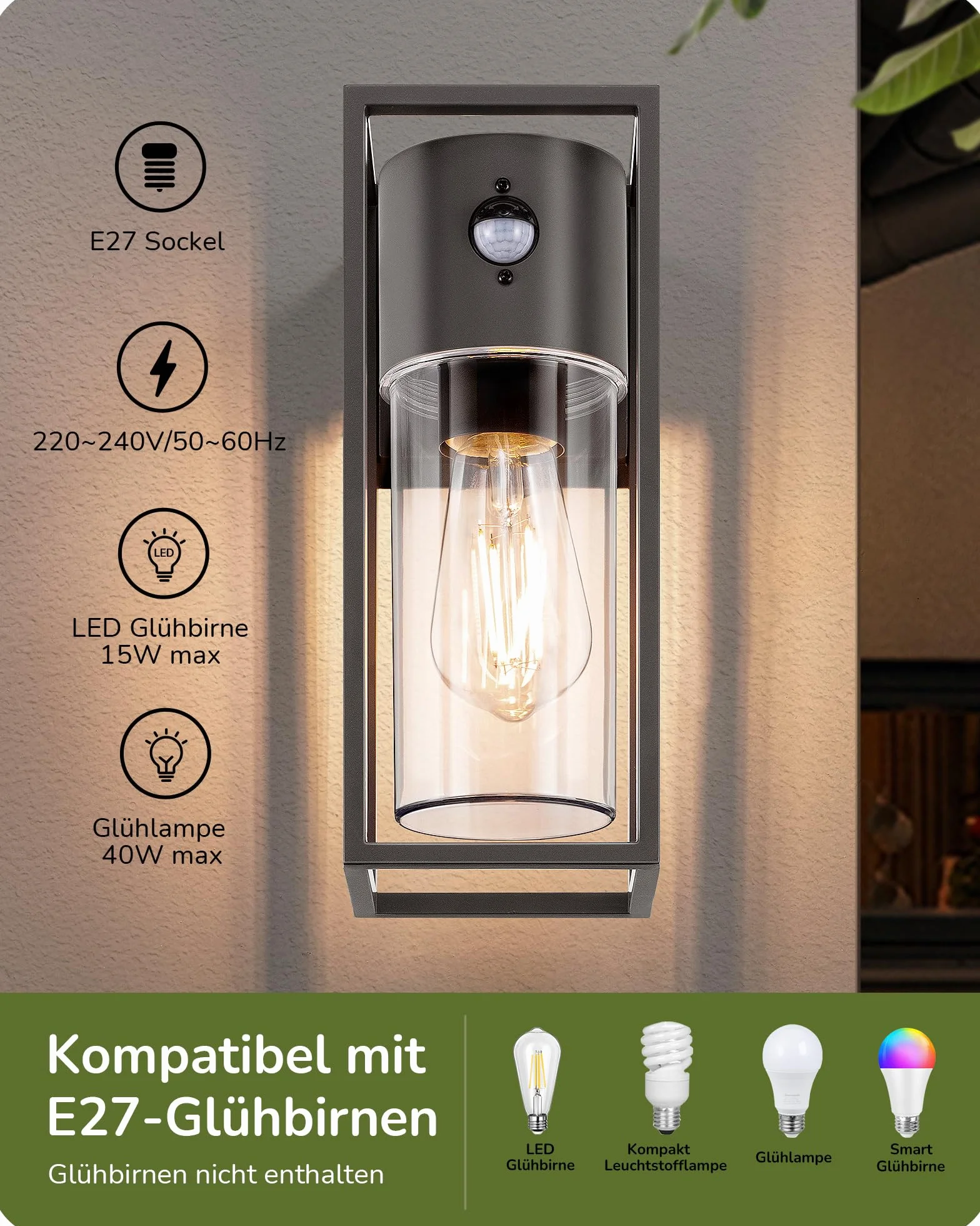 EDISHINE Zewnętrzna lampa ścienna z czujnikiem ruchu, gniazdo E27, wodoodporna IP44, lampa ścienna z aluminium i szkła hartowanego do ogrodu, na taras, fasadę, żarówki nie są dołączone, antracytowa