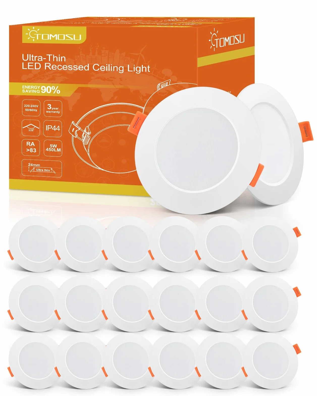 Tomosu LED reflektor do zabudowy 230V płaski, LED Spot 5W 450LM, IP44 lampy do zabudowy do łazienki, ciepła biel 2700K, średnica otworu Ø75-90mm, sufitowe reflektory do salonu, kuchni, sypialni
