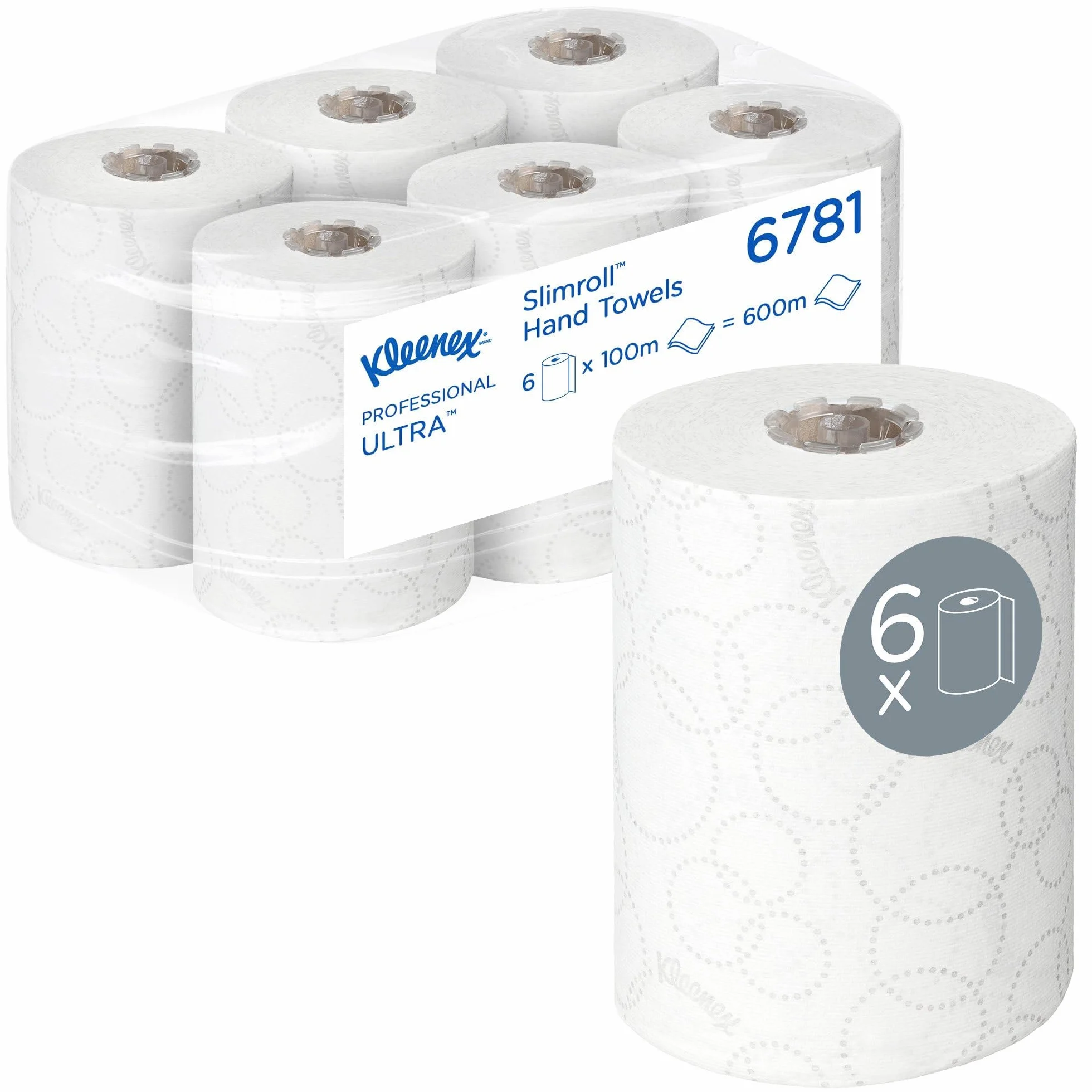 Ręczniki papierowe w rolce Kleenex Ultra Slimroll 6781 — dwuwarstwowe papierowe ręczniki w rolce, 6 × biała rolka ręczników papierowych o długości 100 m