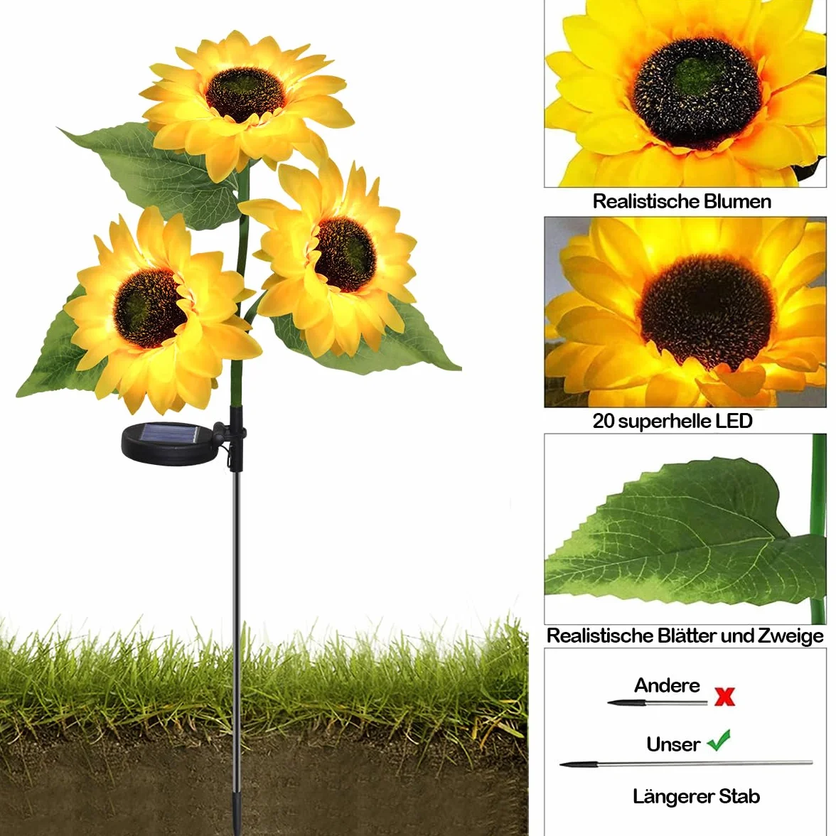 HELESIN Lampy solarne do ogrodu, na zewnątrz, z 3 słonecznikami i 20 diodami LED, wodoszczelność IP65, kwiaty solarne do użytku na zewnątrz, dekoracja ogrodowa na zewnątrz, prezent na Dzień Matki