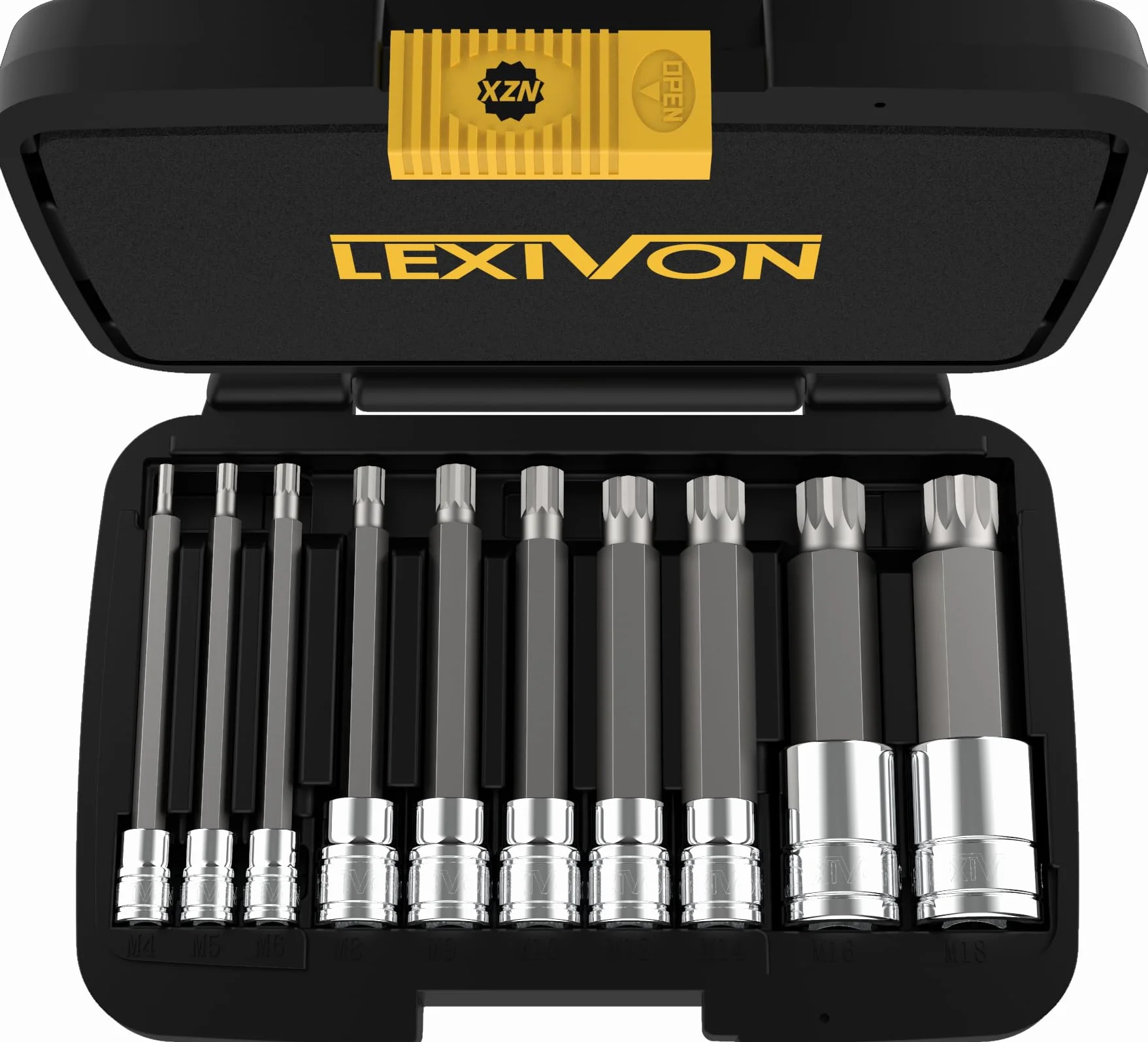 LEXIVON XZN Triple Square Spline Bit Socket Set, Extra Long 4-Inch | 10-Piece European Style M4 - M18, Premium S2 Alloy Steel | Enhanced Storage Case (LX-145L)