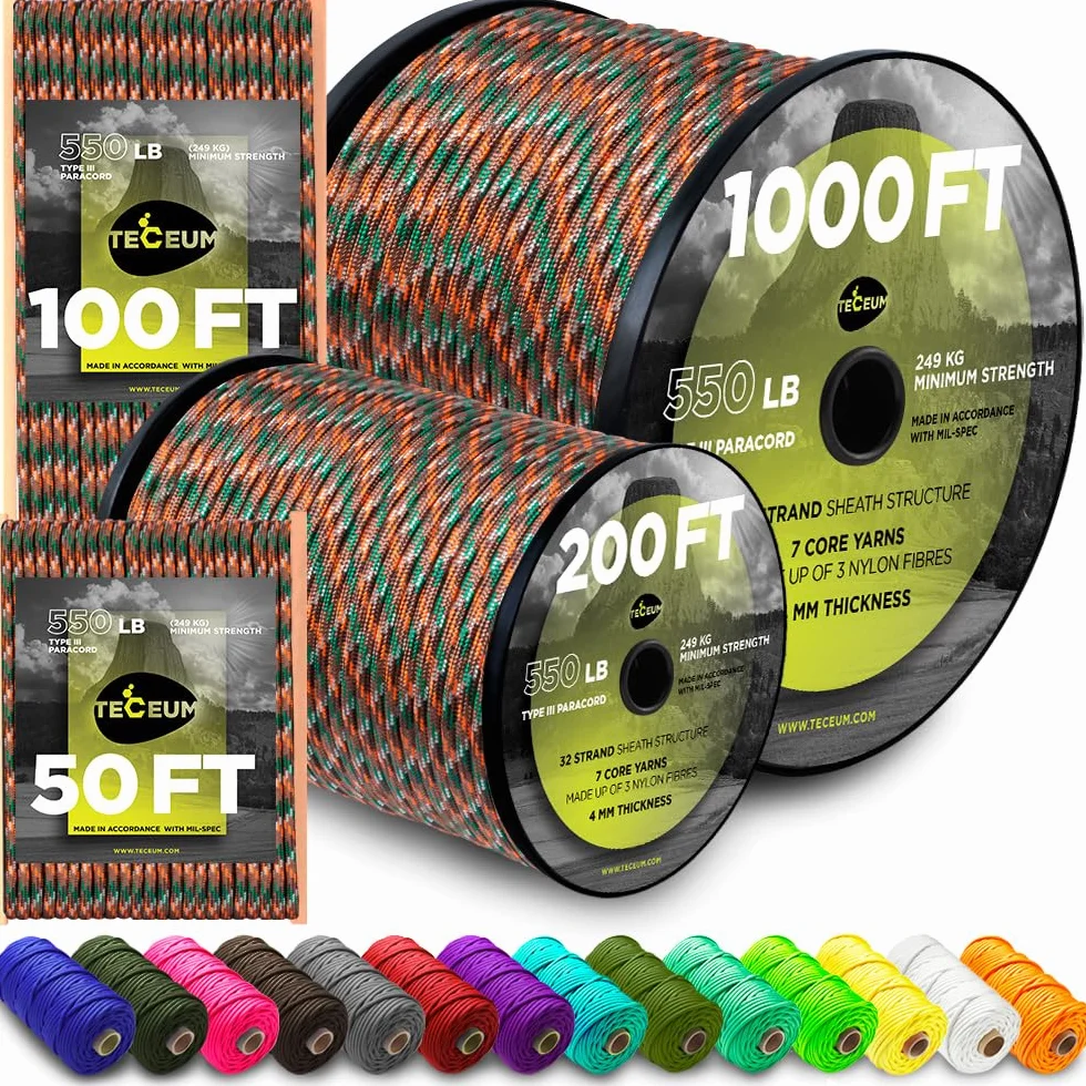 TECEUM Paracord Type III 550 Mixed Camo – 30,5 m – 4 mm – lina taktyczna MIL-SPEC – linka do aktywności na zewnątrz, na kemping, wędrówki, sprzęt wędkarski, linka spadochronowa EDC – mocna lina survivalowa 766