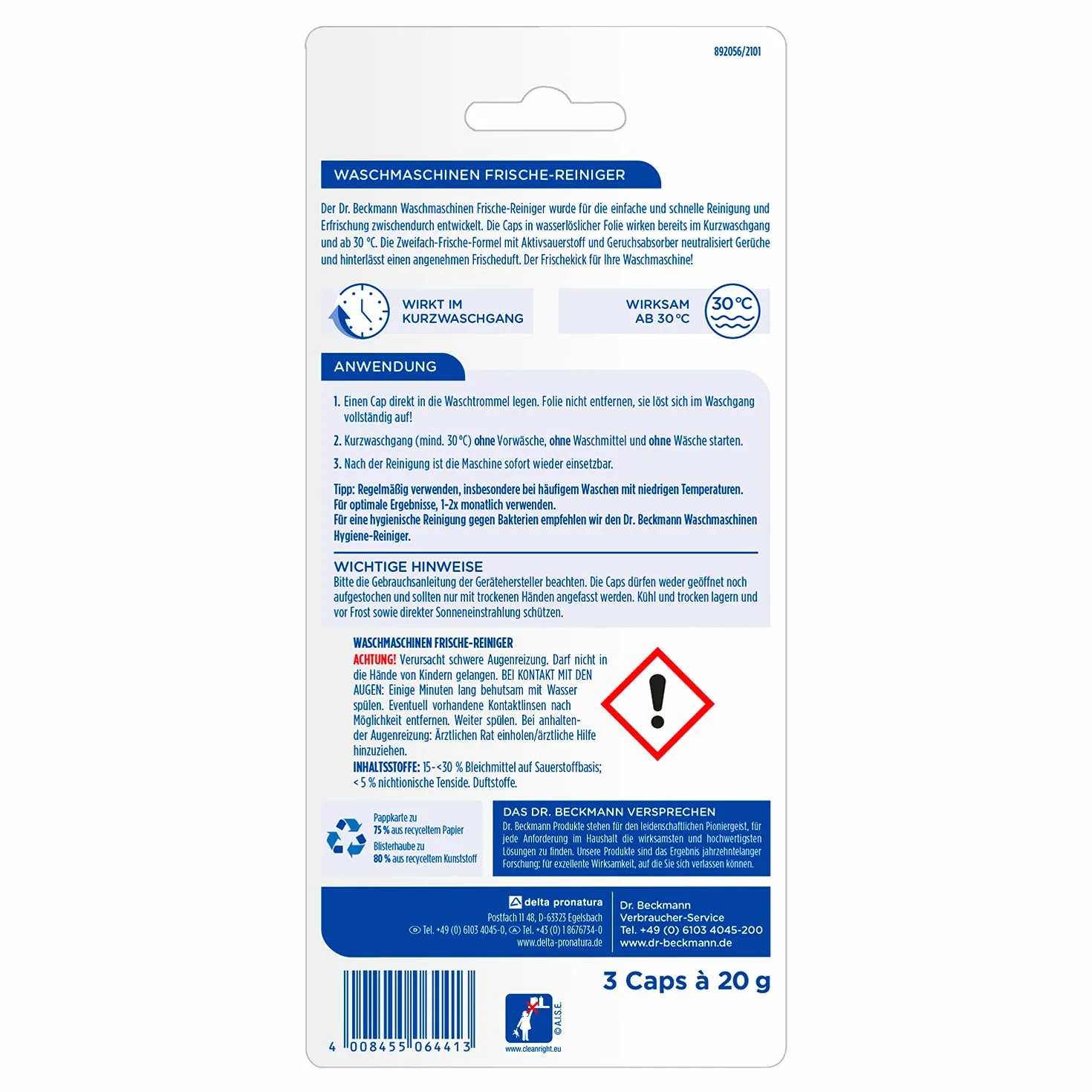 Dr. Beckmann Środek czyszczący do pralek | środek czyszczący w praktycznym formacie Cap, 3 x 20 g