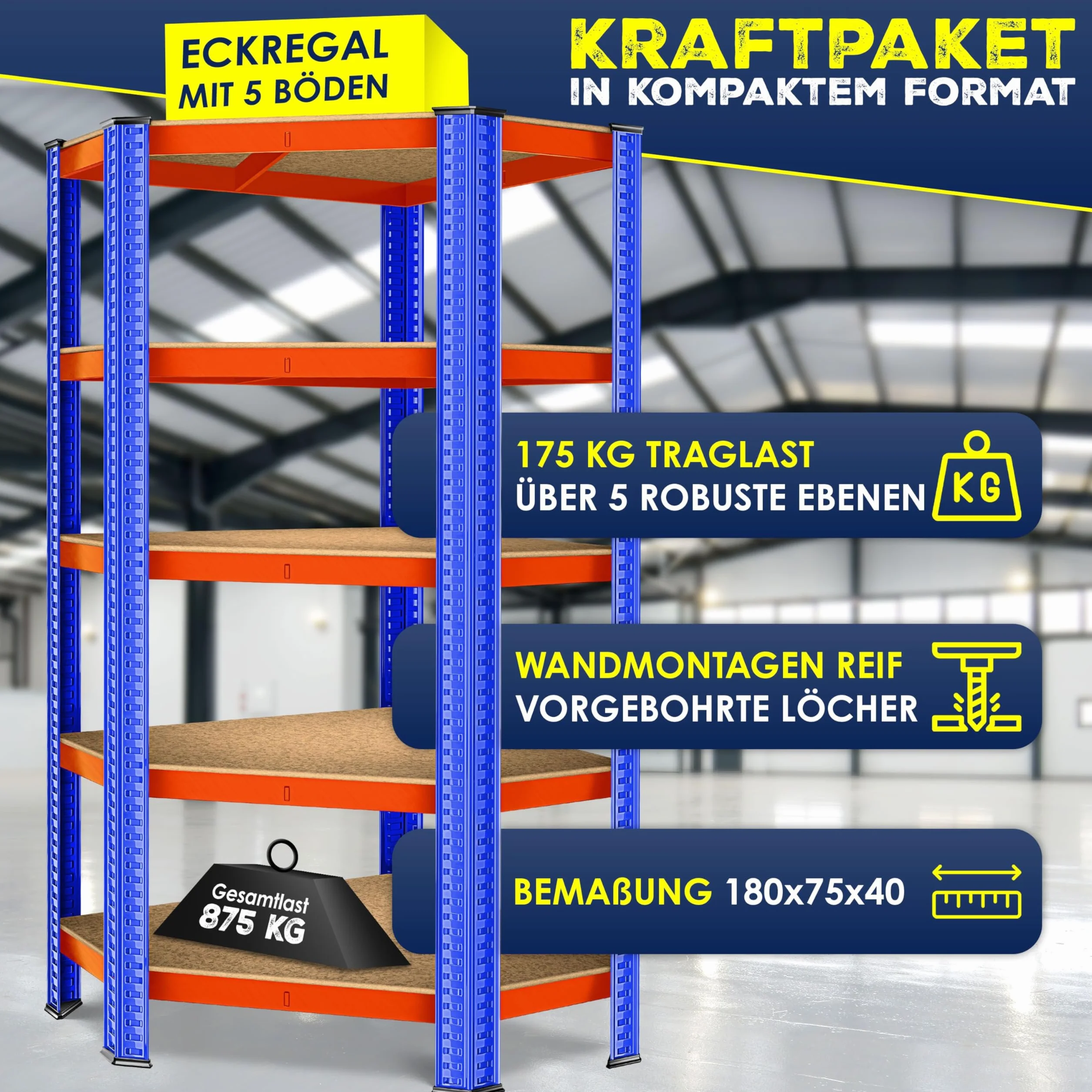 Regał narożny, magazynowy do dużych obciążeń, do piwnicy, 180 x 75 x 40 cm, do 875 kg, 5 regulowanych półek, płyty MDF, regał z metalu, regał wtykowy, regał warsztatowy, piwnica, garaż,