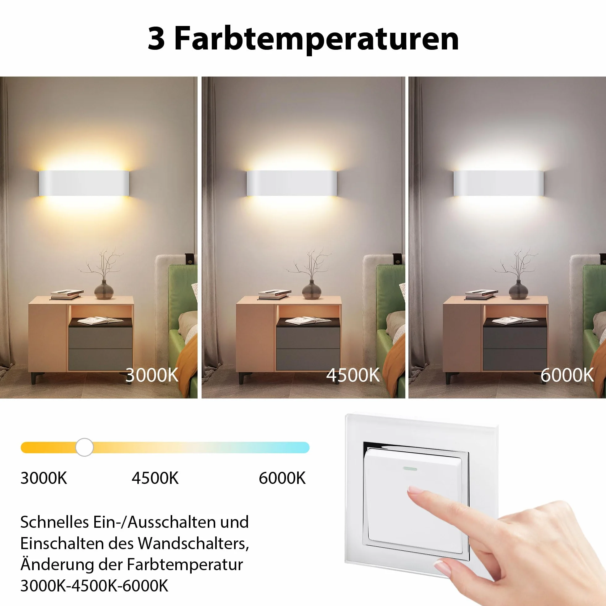 OOWOLF Lampy ścienne LED 2 sztuki regulowana temperatura barwowa 3000K/4500K/6000K