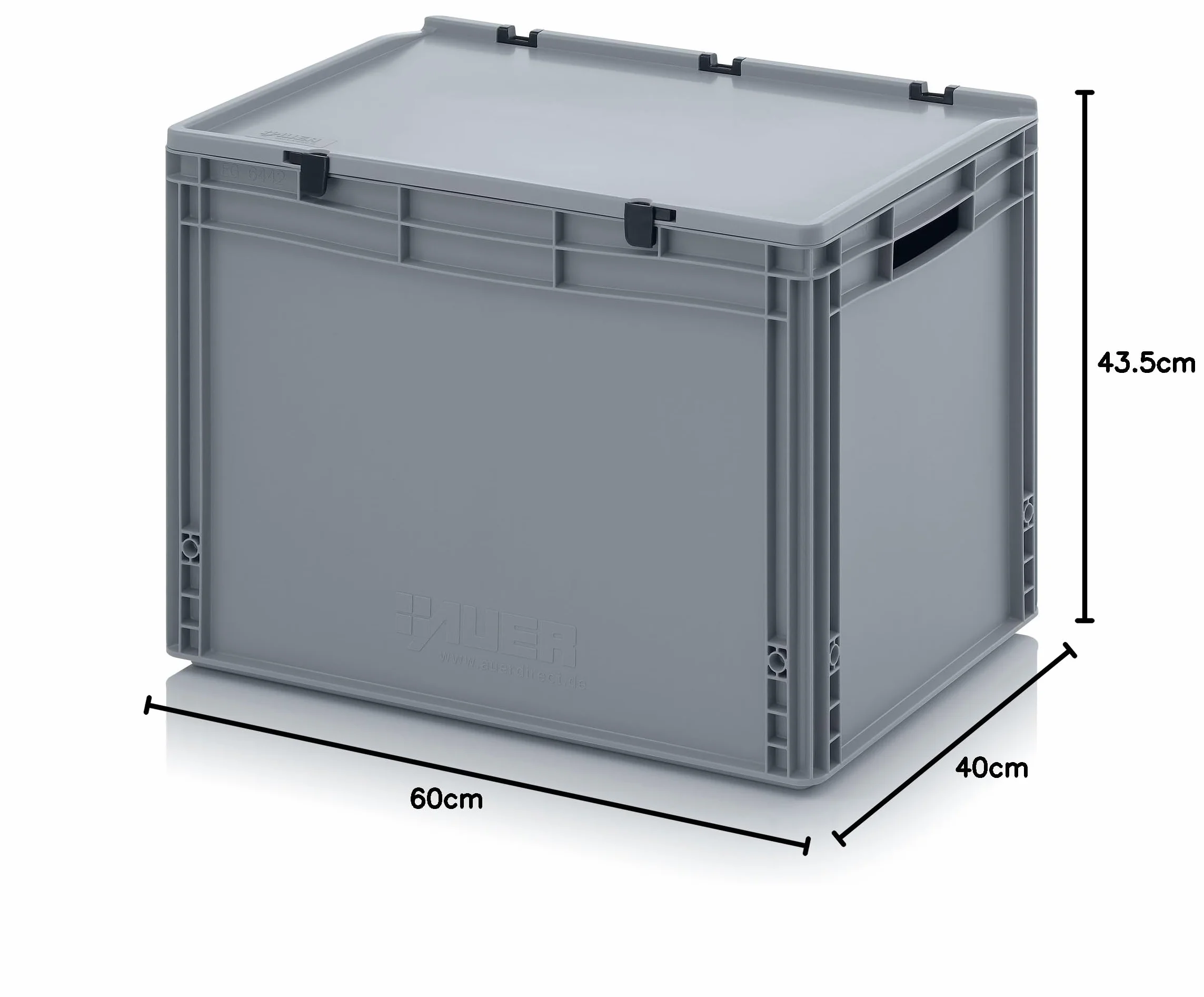 Eurobox 60 x 40 x 43,5 cm z otwartymi uchwytami i pokrywką na zawiasach, w zestawie gratis calówka