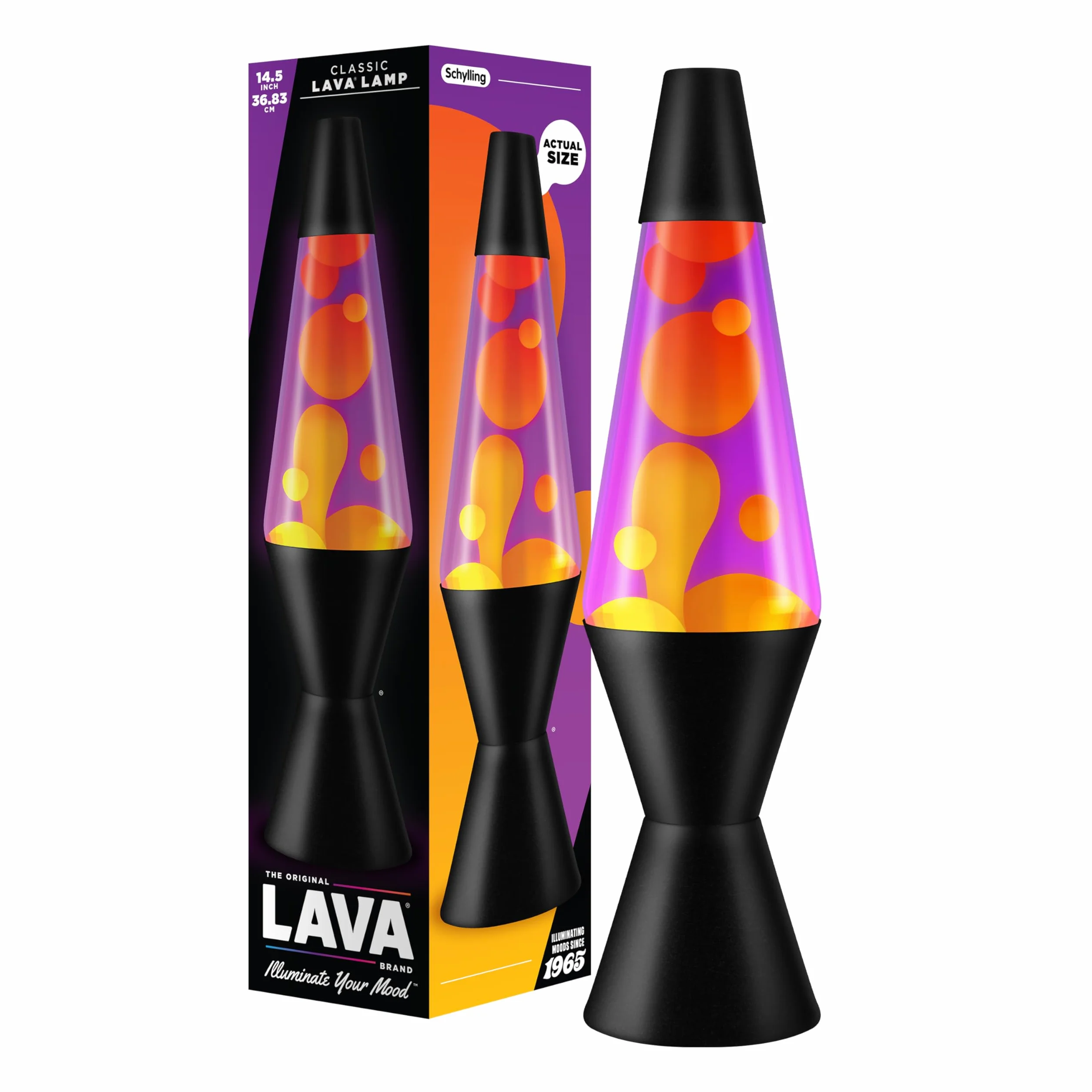 LAVA® - Lampa Lava 2323, żółty wosk, fioletowa ciecz, czarna podstawa i czapka, oryginalna 14,5 cal lampa ruchowa marki LAVA®
