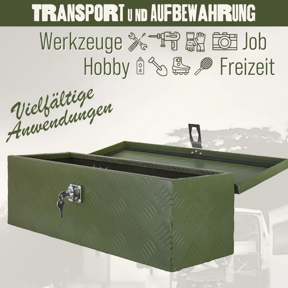 Trucky D025 skrzynka na dyszel, kolor zielony, skrzynka na narzędzia, aluminiowa skrzynka z przyczepą, zamykana, aluminiowa skrzynka transportowa, skrzynka na narzędzia, aluminiowa skrzynka do