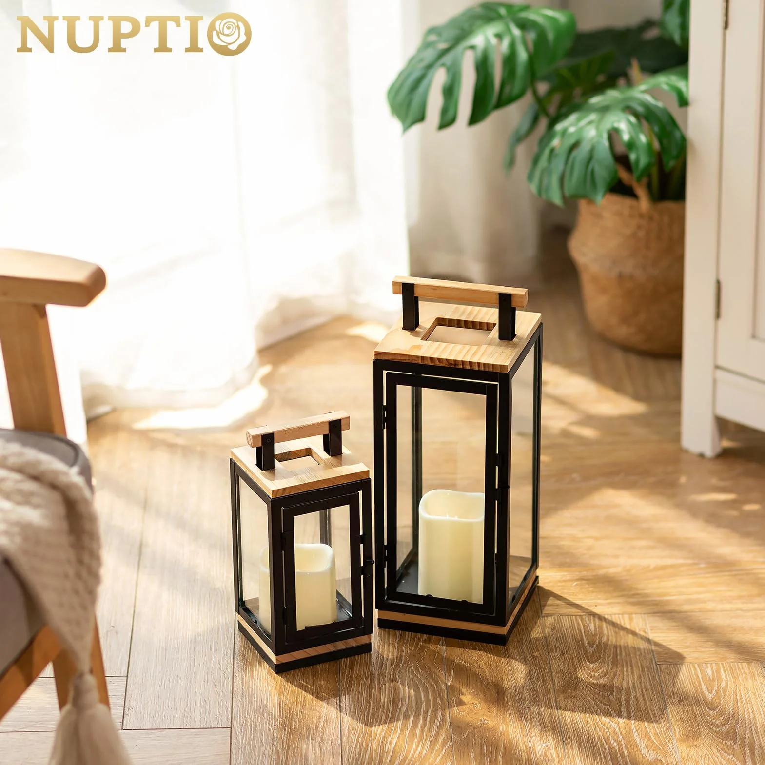 NUPTIO Latarnia zewnętrzna z timerem na świece: 23,5 cm, zestaw latarni LED, czarna, metalowa, drewniana, latarnia na świece, do użytku na zewnątrz, na Boże Narodzenie, cmentarz, odporna na warunki