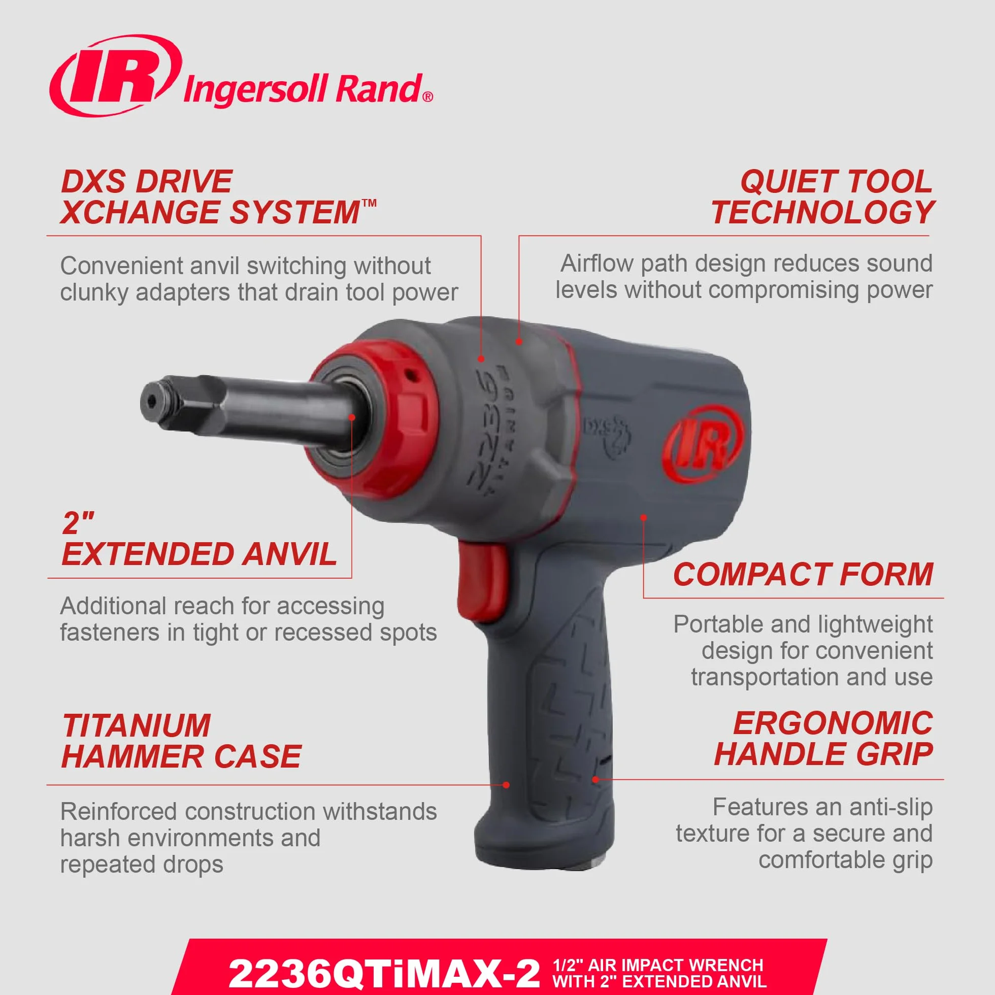 Ingersoll-Rand 2236QTIMAX-2 DXS2 1/2" Pneumatyczny Klucz Udarowy, Kowadełko 2", Cichy, 1500 ft-lb, Tytanowa Obudowa Młotka, Pierścień Cierny