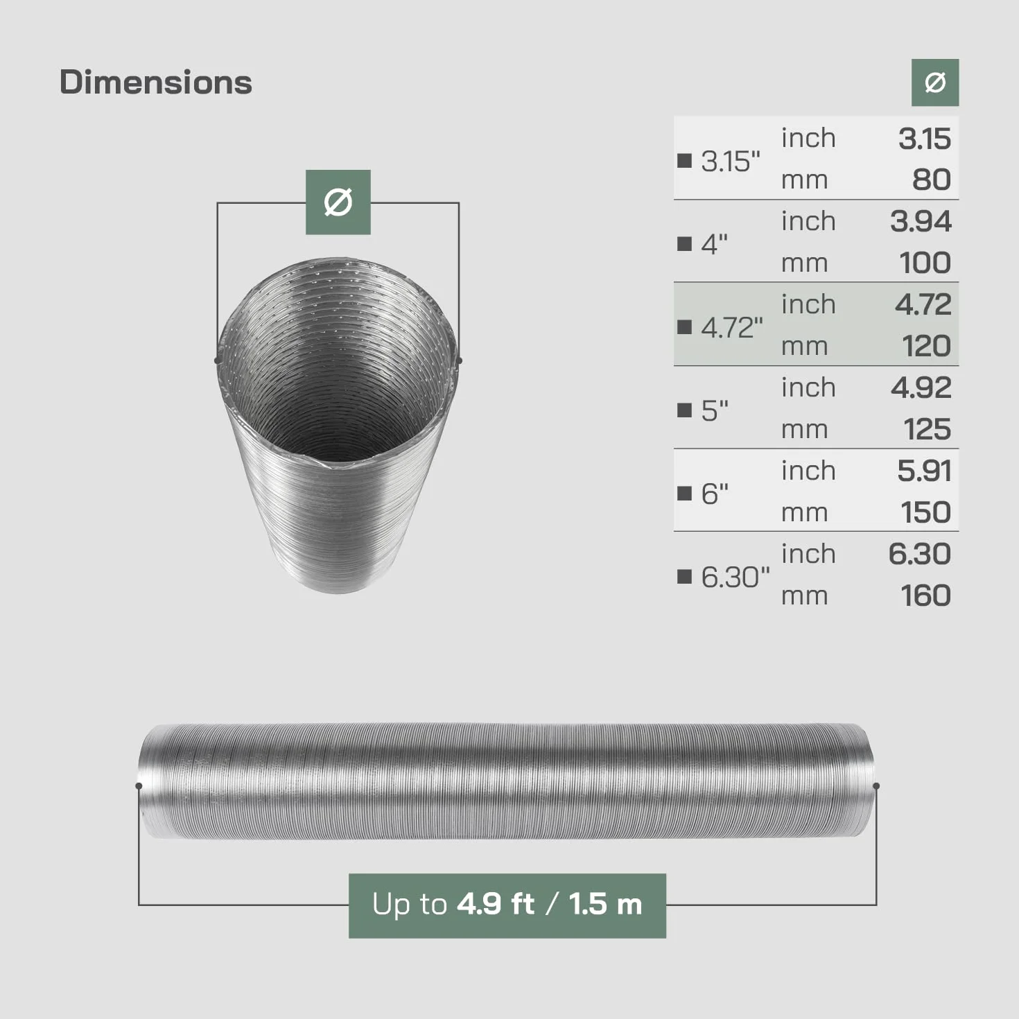 Vent Systems Elastyczna okrągła rura aluminiowa DN 120 mm x 1,5 m długości, wąż aluminiowy, elastyczny wąż, wąż powietrza wylotowego do ogrzewania i chłodzenia, klimatyzacji, suszarki, wentylatora
