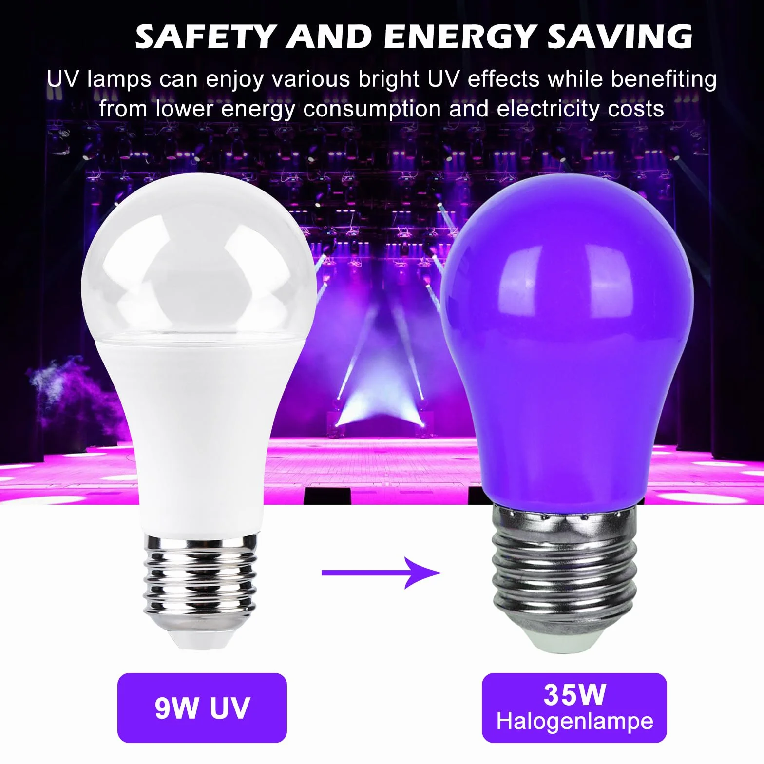 BORDEAG Żarówka UV LED, zestaw 4 żarówek E27 o mocy 9 W, lampa ultrafioletowa LED, fioletowa lampa ultrafioletowa UV-A, czarna żarówka UV, na festiwale, imprezy, bary