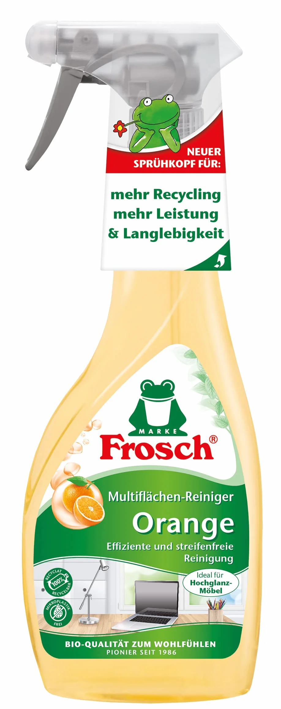Frosch Pomarańczowy środek do czyszczenia powierzchni bez smug i silnej czystości na wszystkich gładkich powierzchniach, butelka z rozpylaczem, 1 opakowanie (1 x 500 ml)