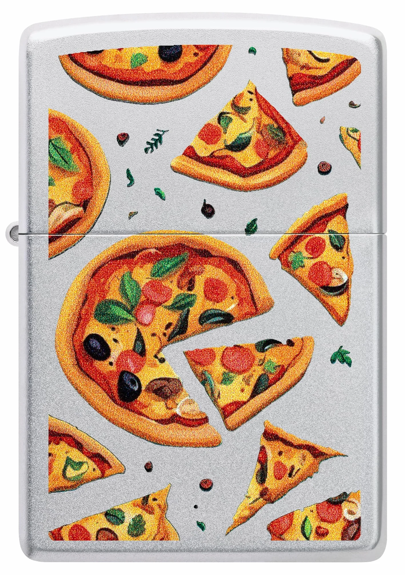 Zippo Pizza Zapalniczka Sztormowa, Kolorowy Nadruk, do Napełniania, Wielokrotnego Użytku, Wiatroodporna Konstrukcja, Pudełko na Prezent, Wykonano w USA, Satynowy Chrom (Satin Chrome)