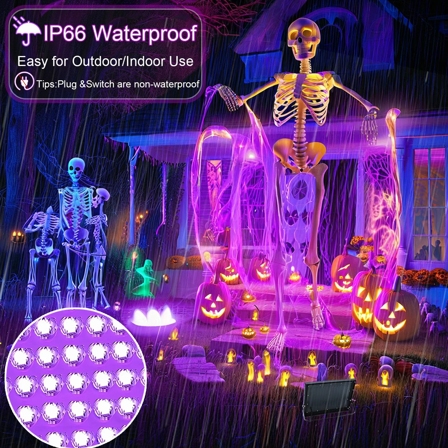 2 sztuki 100 W czarne światło LED, IP66, wodoodporna lampa UV UV, czarne światło ultrafioletowe z przełącznikiem na Halloween, dyskotekę, malowanie ciała, neon, DJ, czarne światło imprezowe