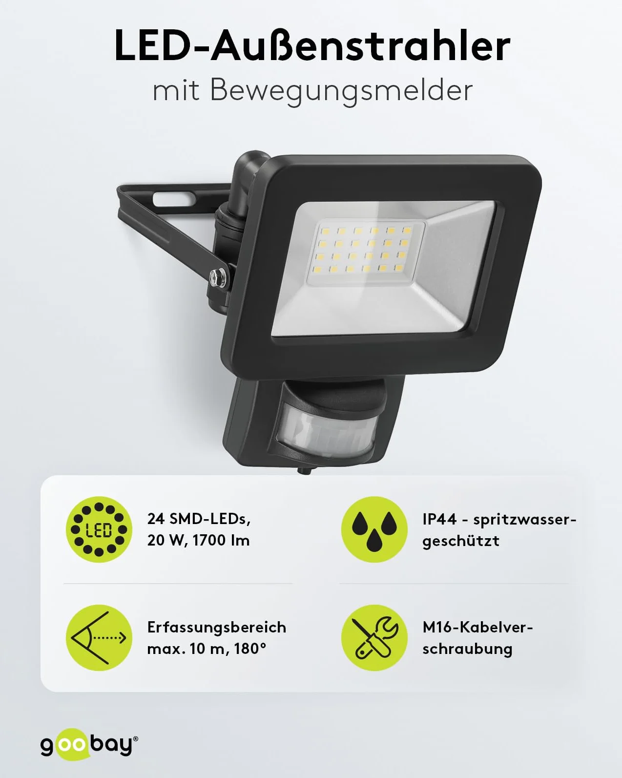 Goobay 53879 reflektor LED z czujnikiem ruchu – reflektor LED o mocy 20 W – neutralne białe światło 4000 K – 1700 lumenów – kąt świecenia 100 stopni – stopień ochrony IP65 – czarny