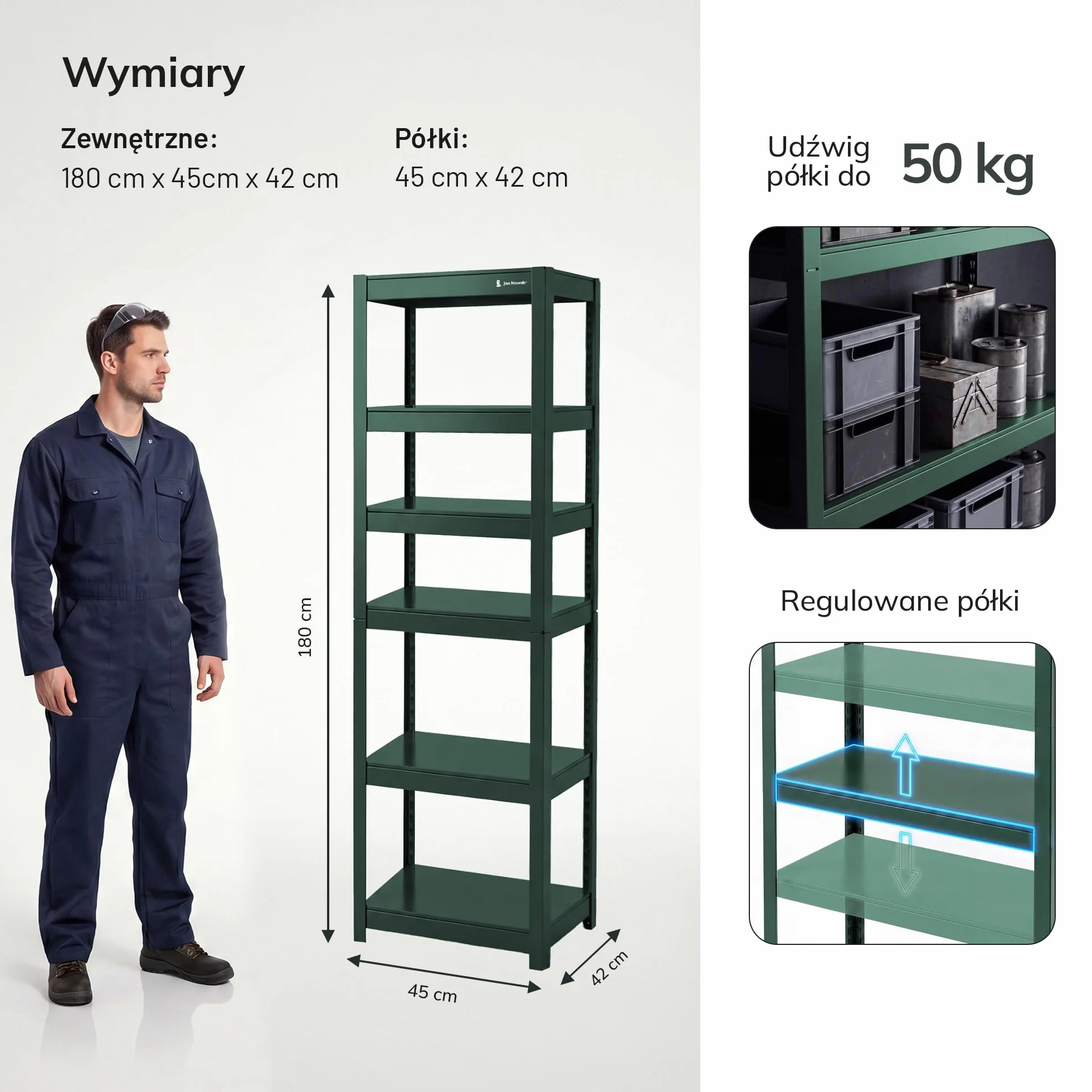 Jan Nowak Metalowy wąski 6 półek regulowanych 50 kg do półki, oszczędność miejsca, warsztat garażowy, magazyn, wytrzymała stal system wtykowy, 200 x 60 x 40 cm