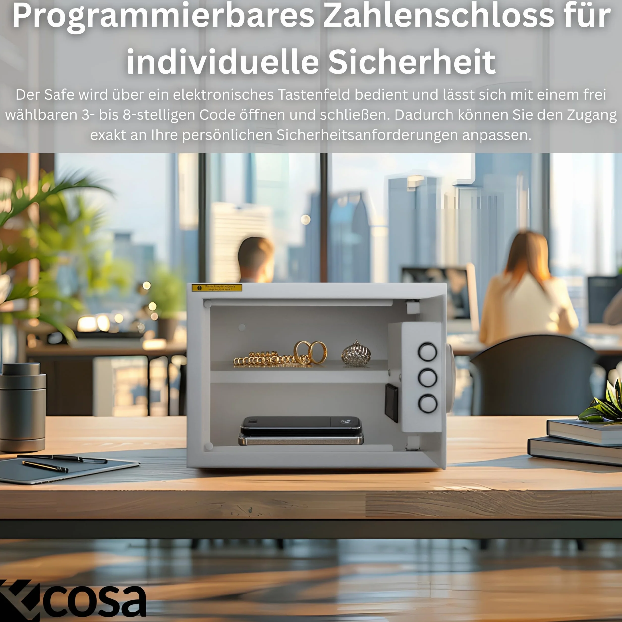 Ecosa Elektroniczny sejf 35 x 25 x 25 cm – sejf meblowy i sejf ścienny z kodem numerycznym i kluczem, sejf hotelowy do domu, 3-krotna, bardzo gruba podwójna blokada bolca, ognioodporny, wodoszczelny