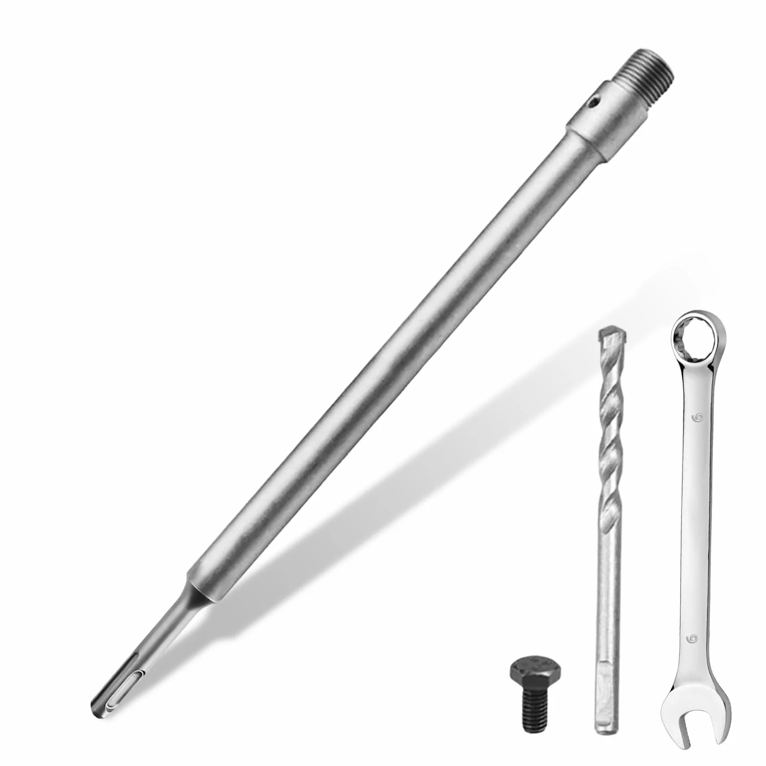 SDS PLUS przedłużacz trzpienia do koron, 410 mm SDS Plus przedłużacz do wierteł rdzeniowych, drążek przedłużający do wiertła z gwintem M22 x 2,0 mm, wiertło centrujące i śruba mocująca